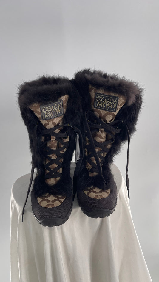 COACH Jennie Signature Quilted All Over Monogram Print Winter Boot with Rabbit Fur Trim (9)