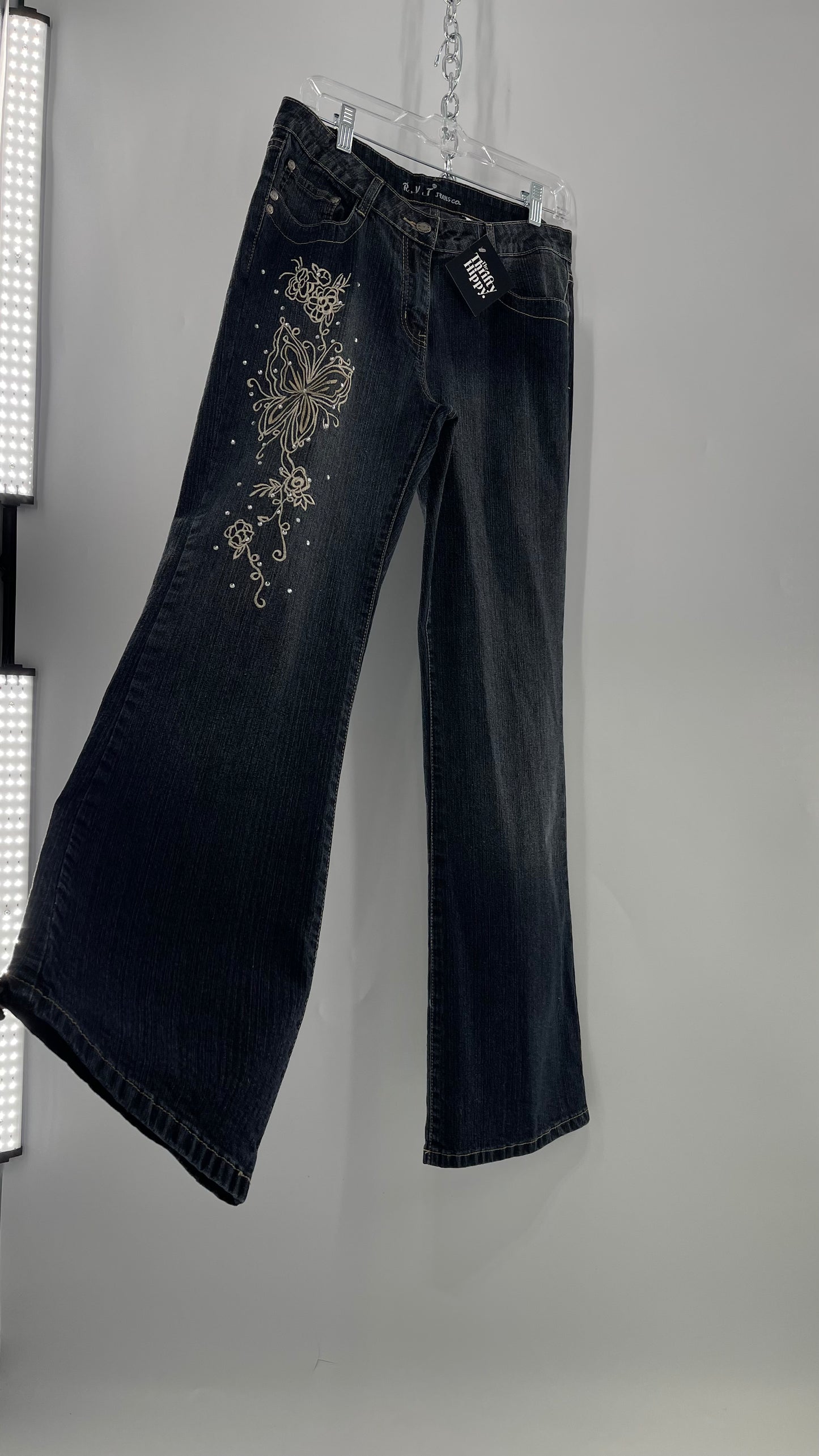 Vintage RVT Grey Kickflare Jeans  with Butterfly Embroidery and Rhinestone Embellishment (9/10)