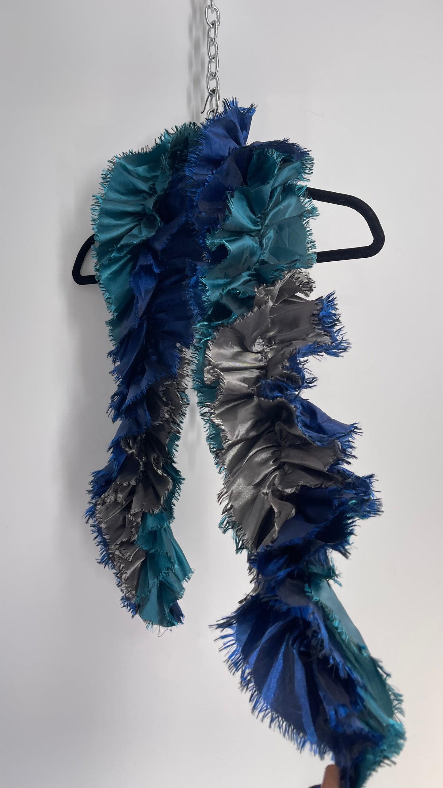 Vintage Silver, Royal Blue, Teal Frayed Spiral Scarf