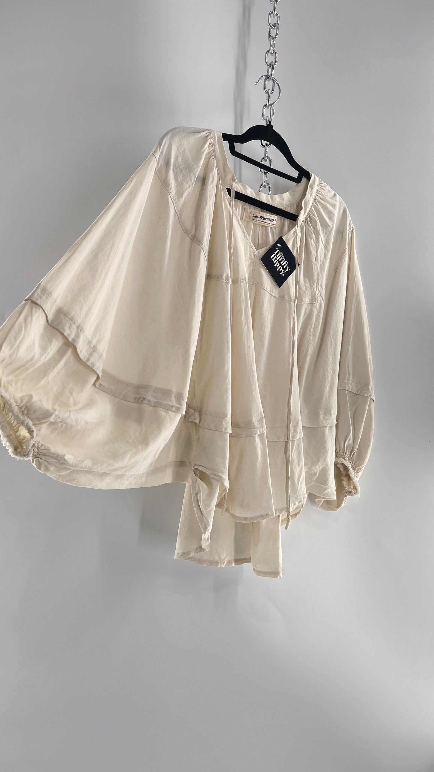 Free People Beige Off White Billow/ Prairie Sleeve Cape Blouse  (Small)