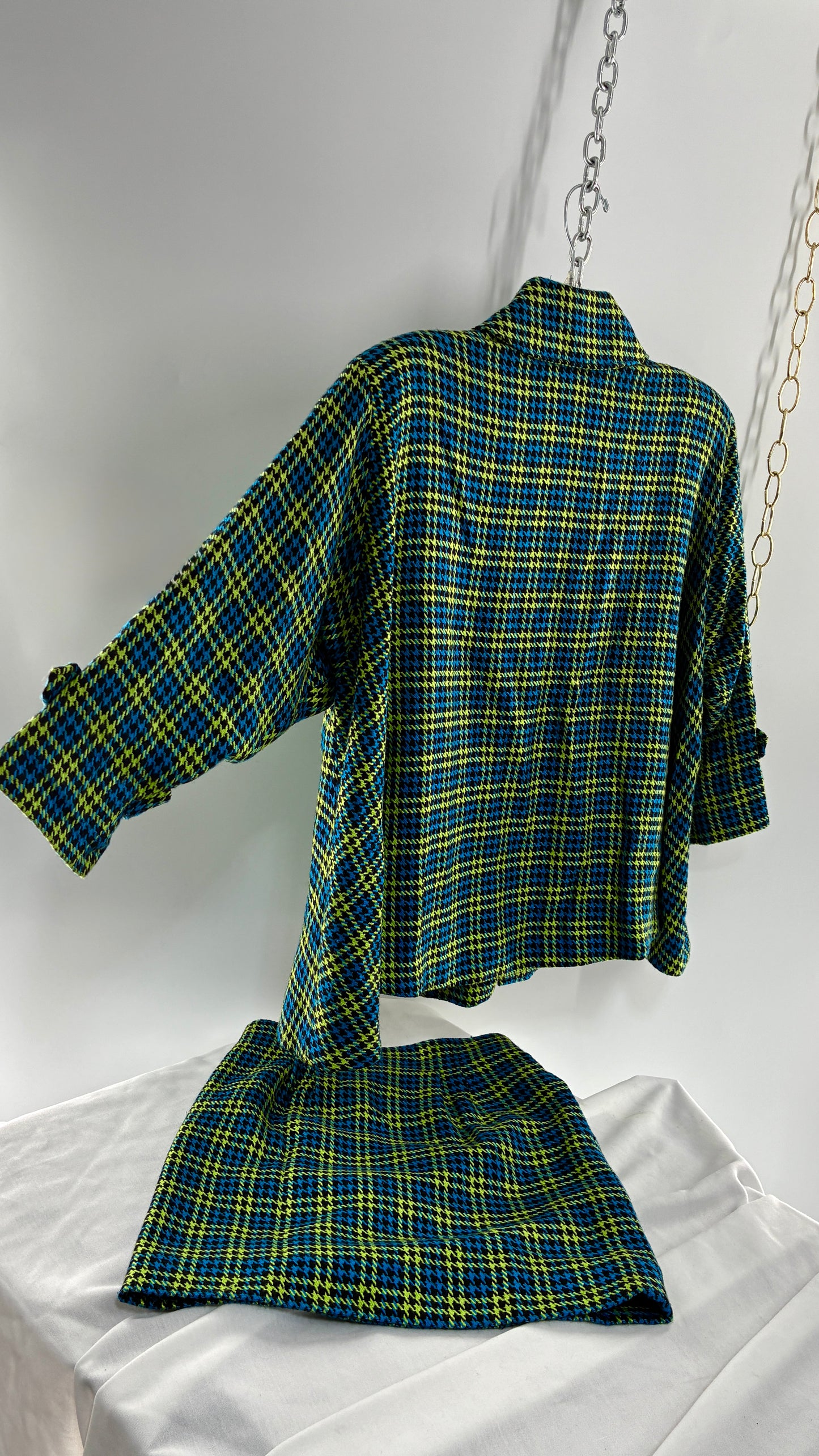 Vintage HONG KONG Wool Blend Neon Green and Blue Plaid Jacket and Micro Mini Set (Small)