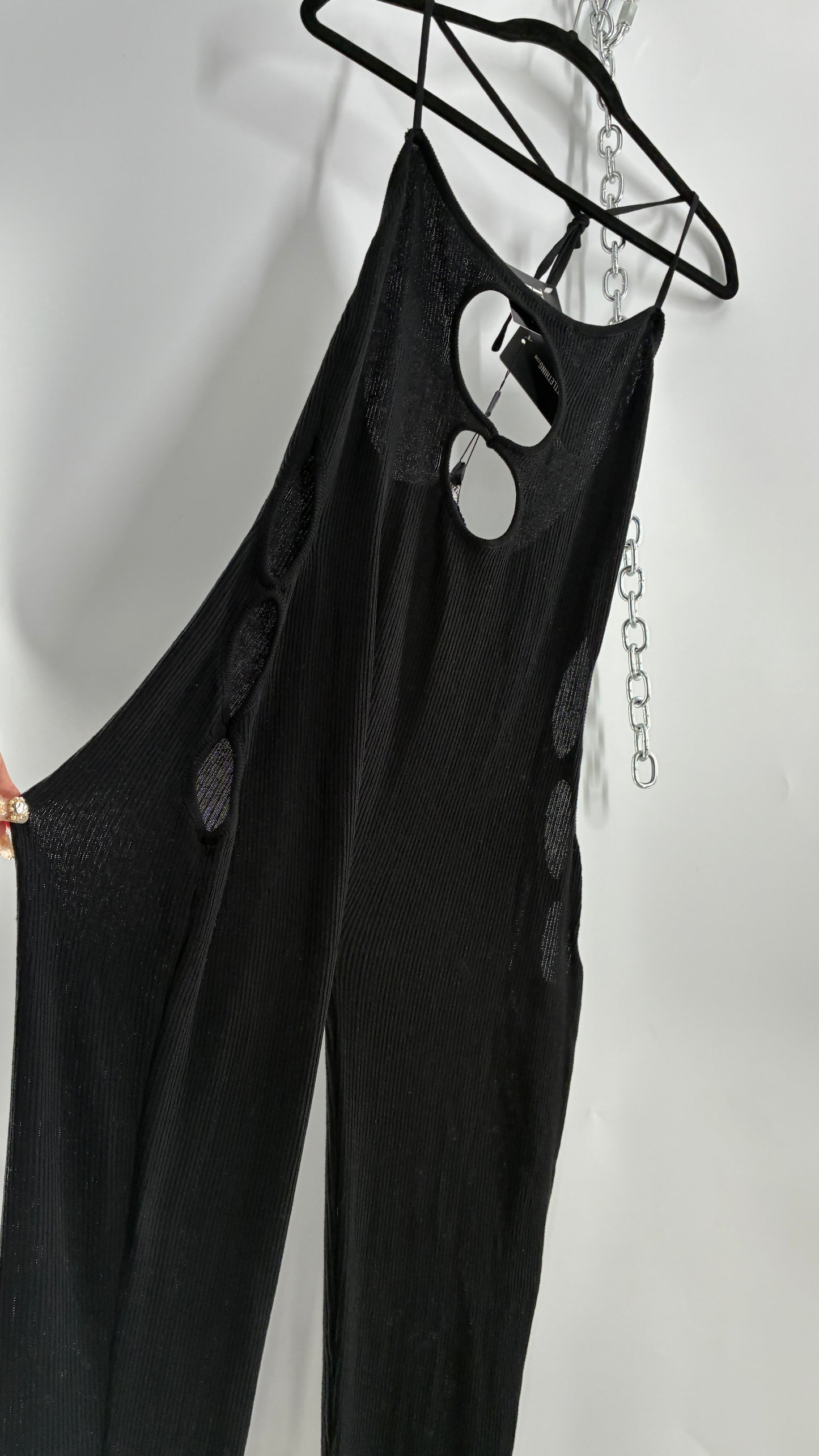 Pretty Little Thing Black Sheer Knit Cut Out Halter Neck Jumpsuit with Tags (Large)