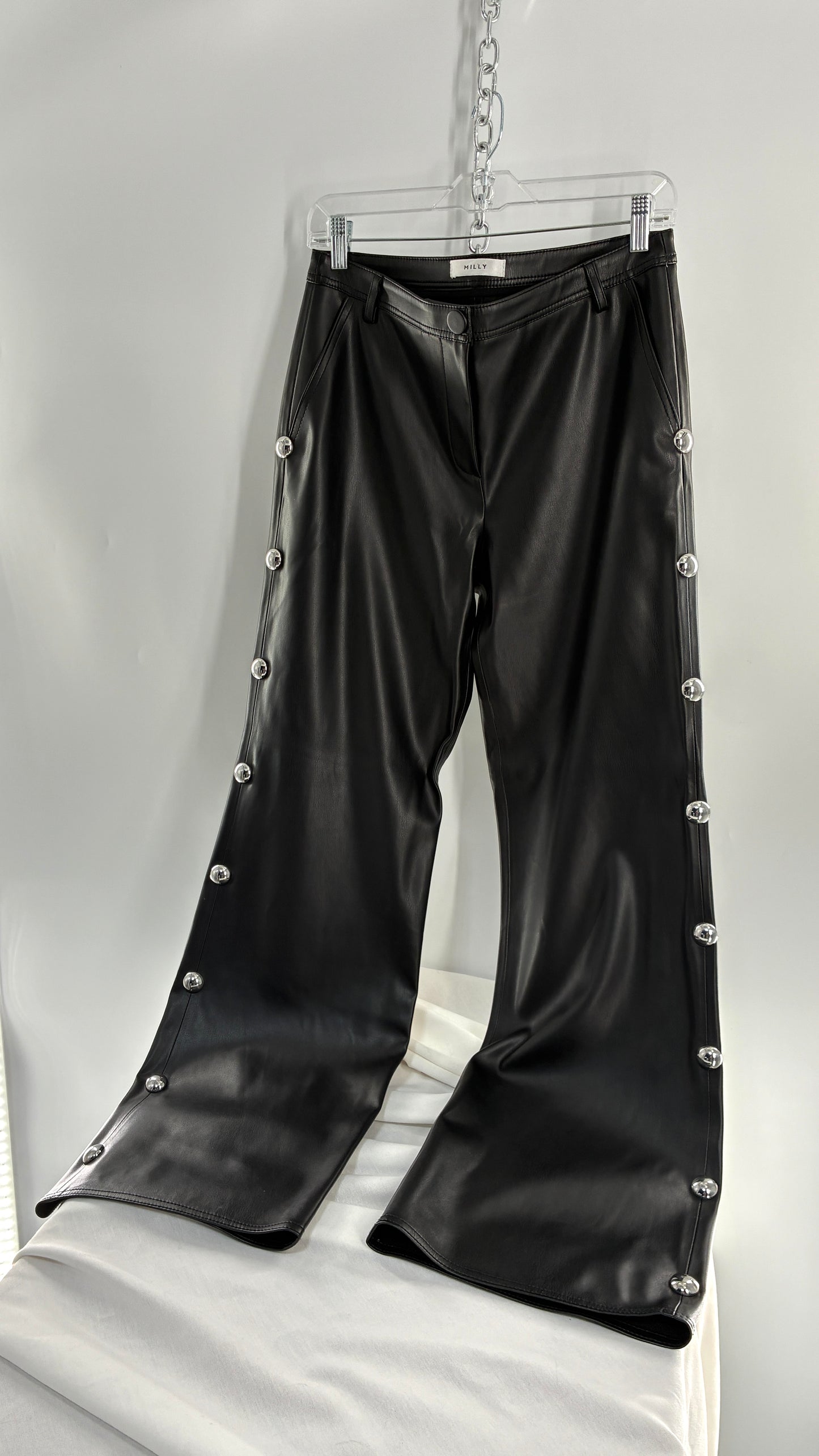 Vintage MILLY Black Vegan Leather Wide Leg Pants with Silver Oversized Studs