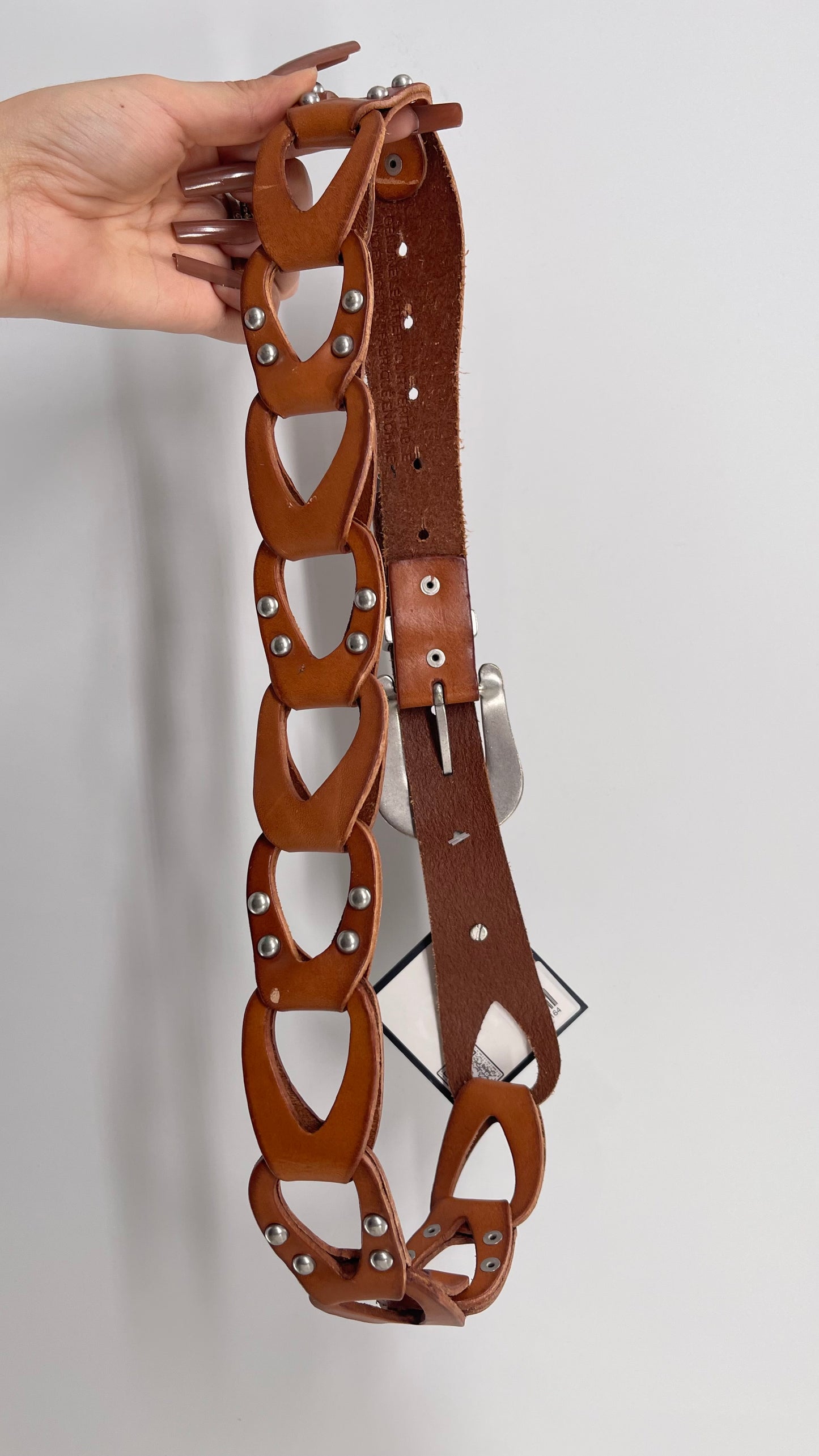 Free People Leather Link Belt with Western Buckle and Silver Studs (S/M)