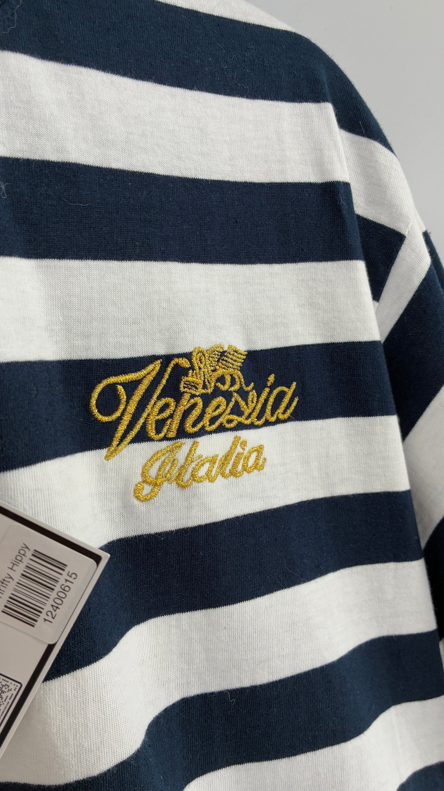 Vintage VENEZIA Striped Navy Short Sleeve with Gold Embroidery Designed in Italy (Large)