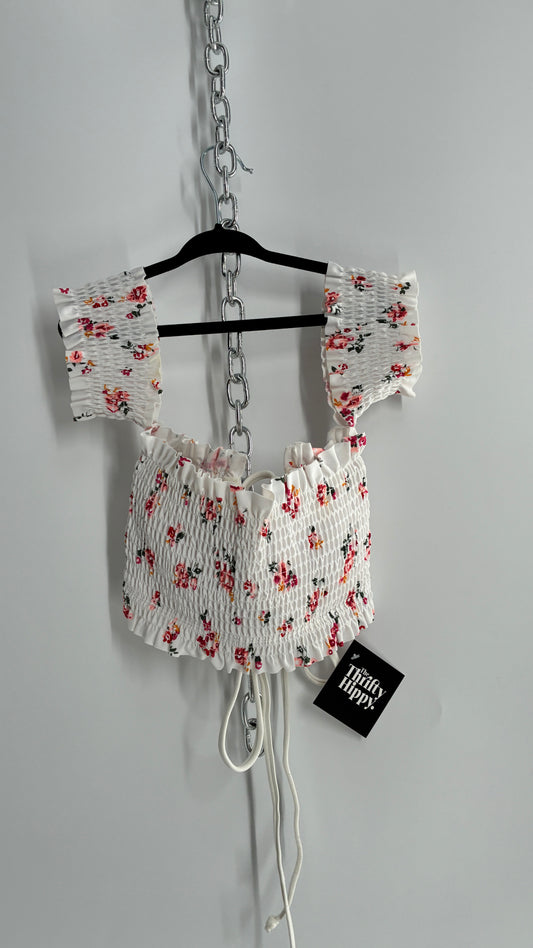 White Floral Smocked Off the Shoulder Underwire Swim Top with Tags Attached (Medium)