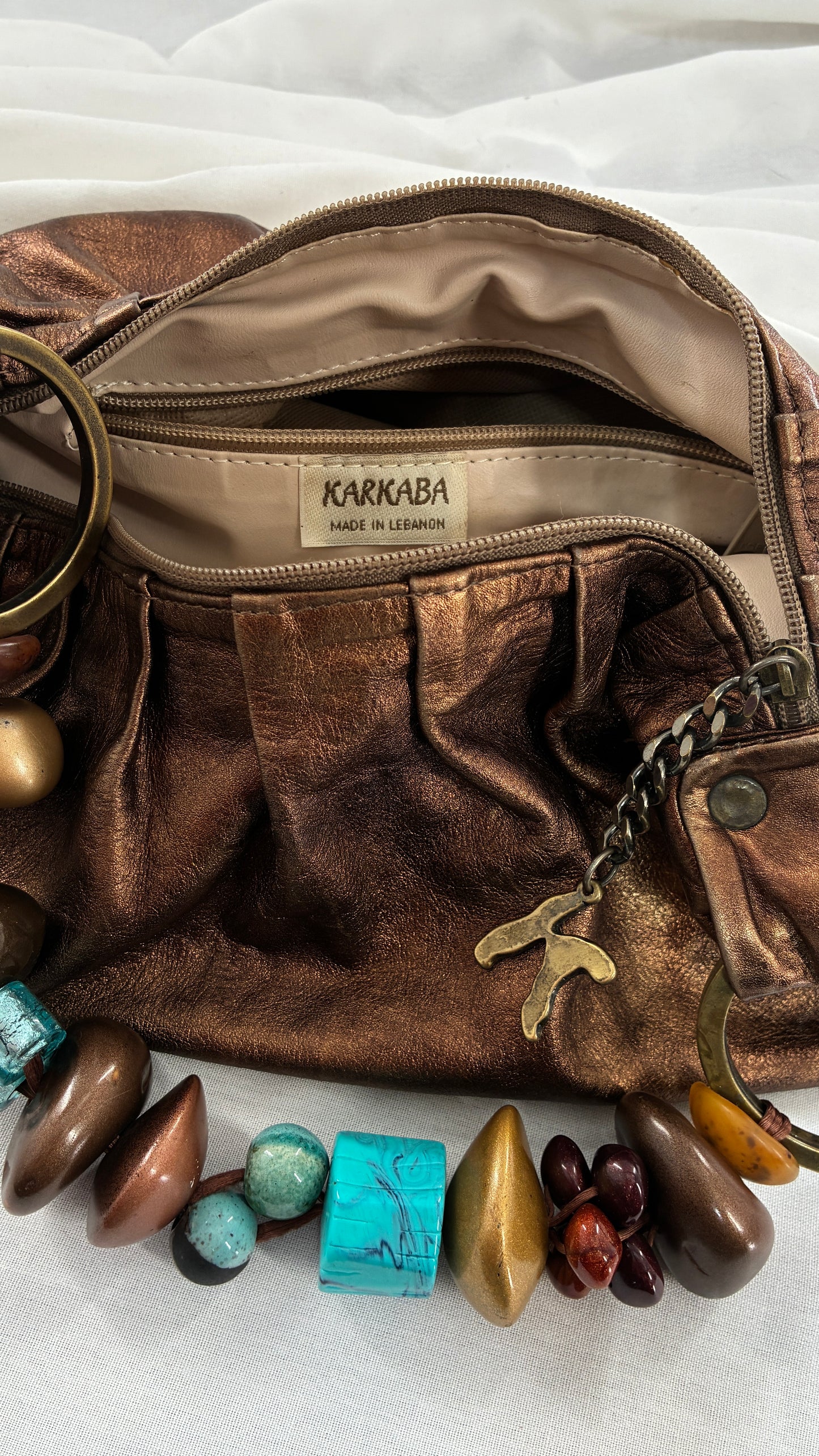 Vintage KARKABA  Metallic Bronze Leather Bag with Exaggerated Beaded Handles