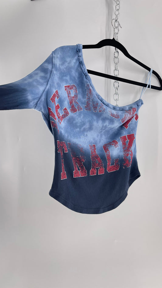 Free People Blue Ombre Tie Dye One Sleeve Top with Track Graphic (Small)