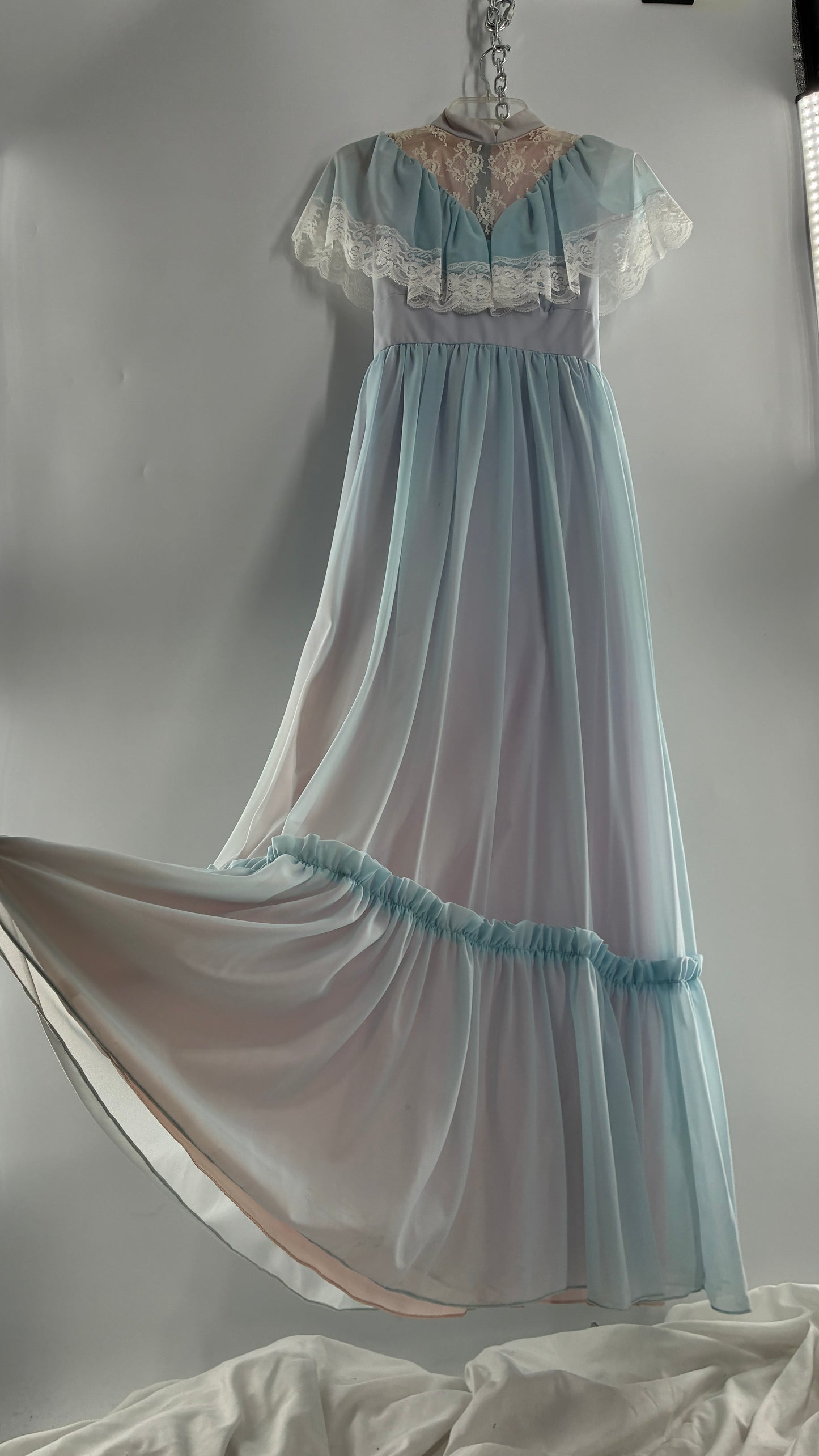 Vintage Handmade 1960s Powder Blue Overlay, Lilac Underlay Gown, Prairie Wedding Dress