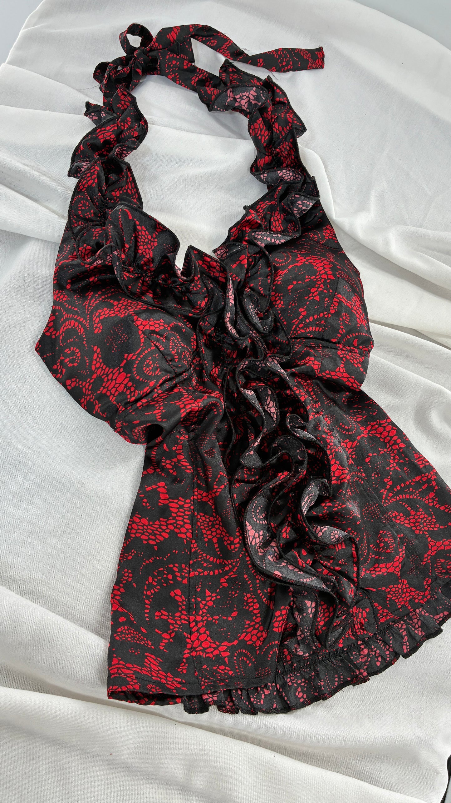 Vintage MYTH Red Black Lace Print Ruffle Halter with Padding (Medium)