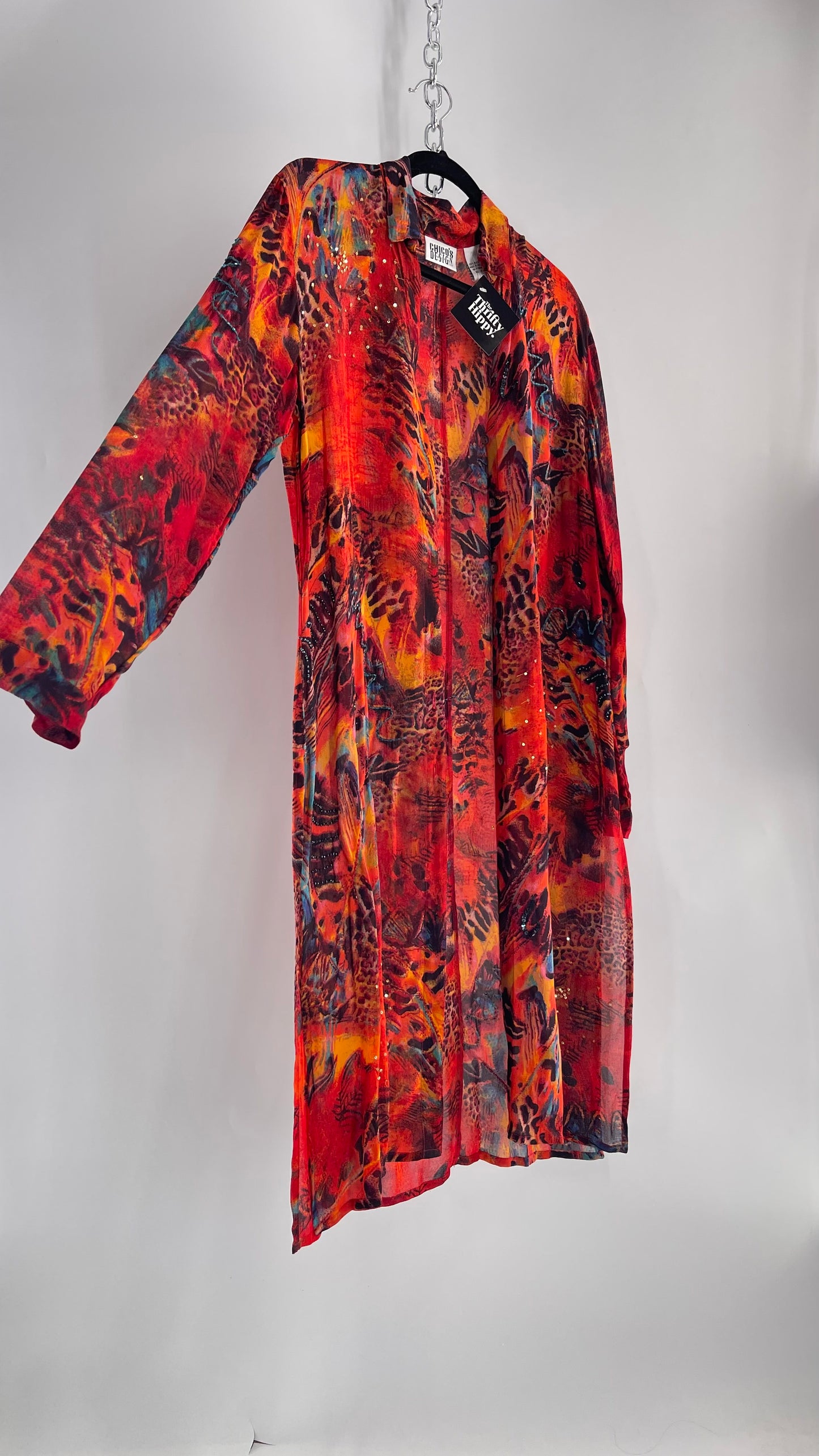 Vintage CHICOs Burnt Orange Sheer Duster Coat with Mixed Animal Print and Embroidery/Beading (XL)