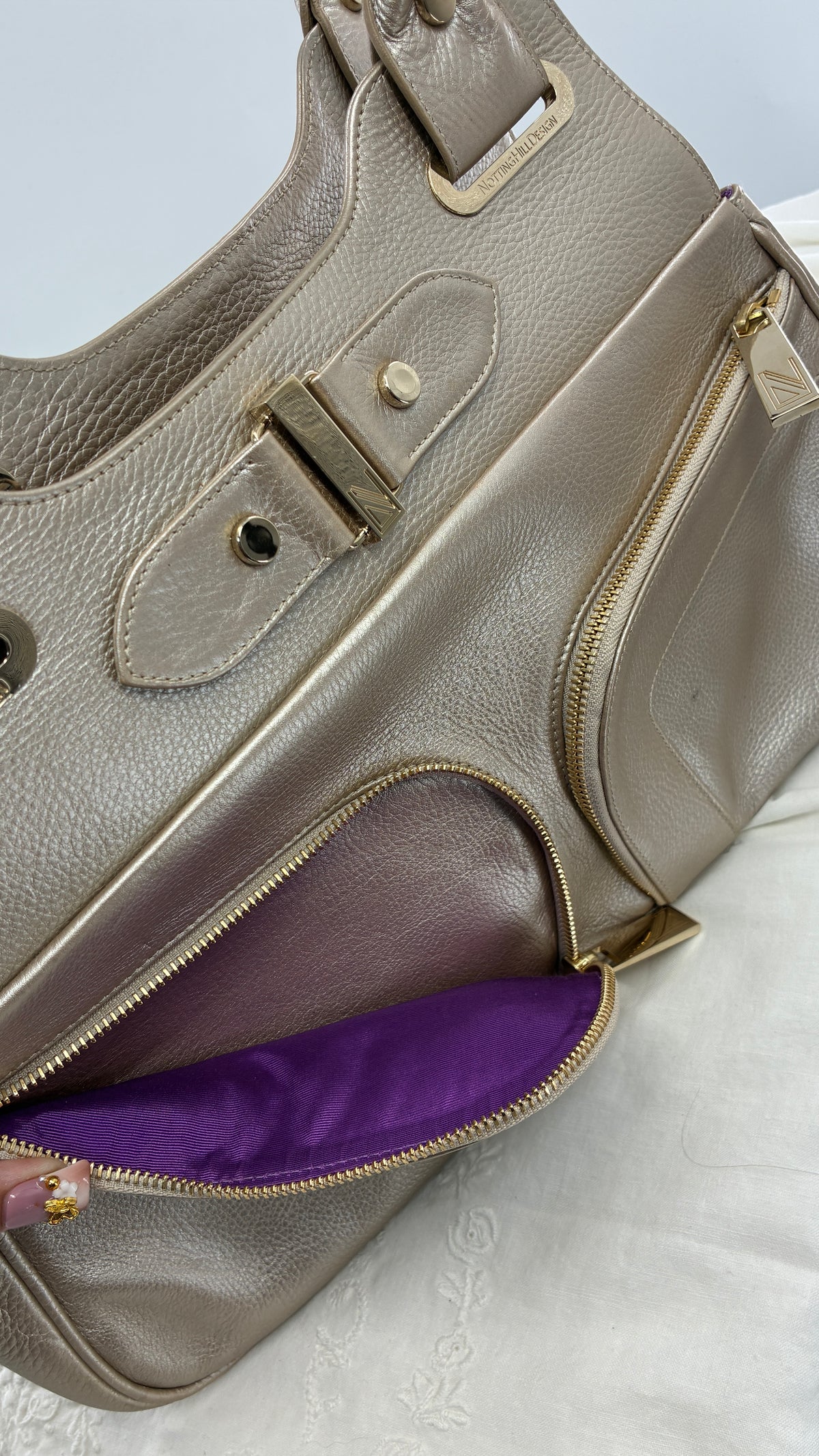 Vintage NOTTINGHILL DESIGNS Westbourne Metallic Champagne Genuine Leather Pocketed Bag with Exaggerated Hardware As Seen on Gossip Girl