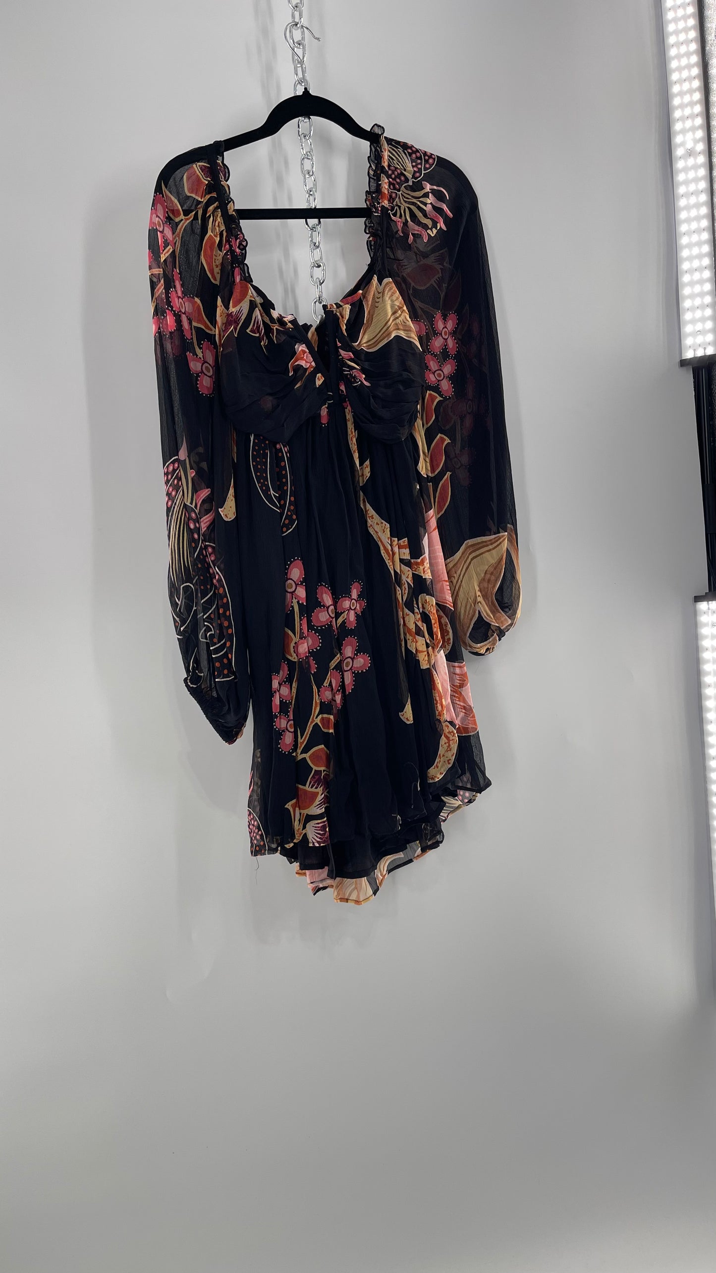 Anthropologie Let Me Be Crimped Black Chiffon Pink Floral Patterned l Dress with Tie/Open Back Detail and Tags Attached (Small)