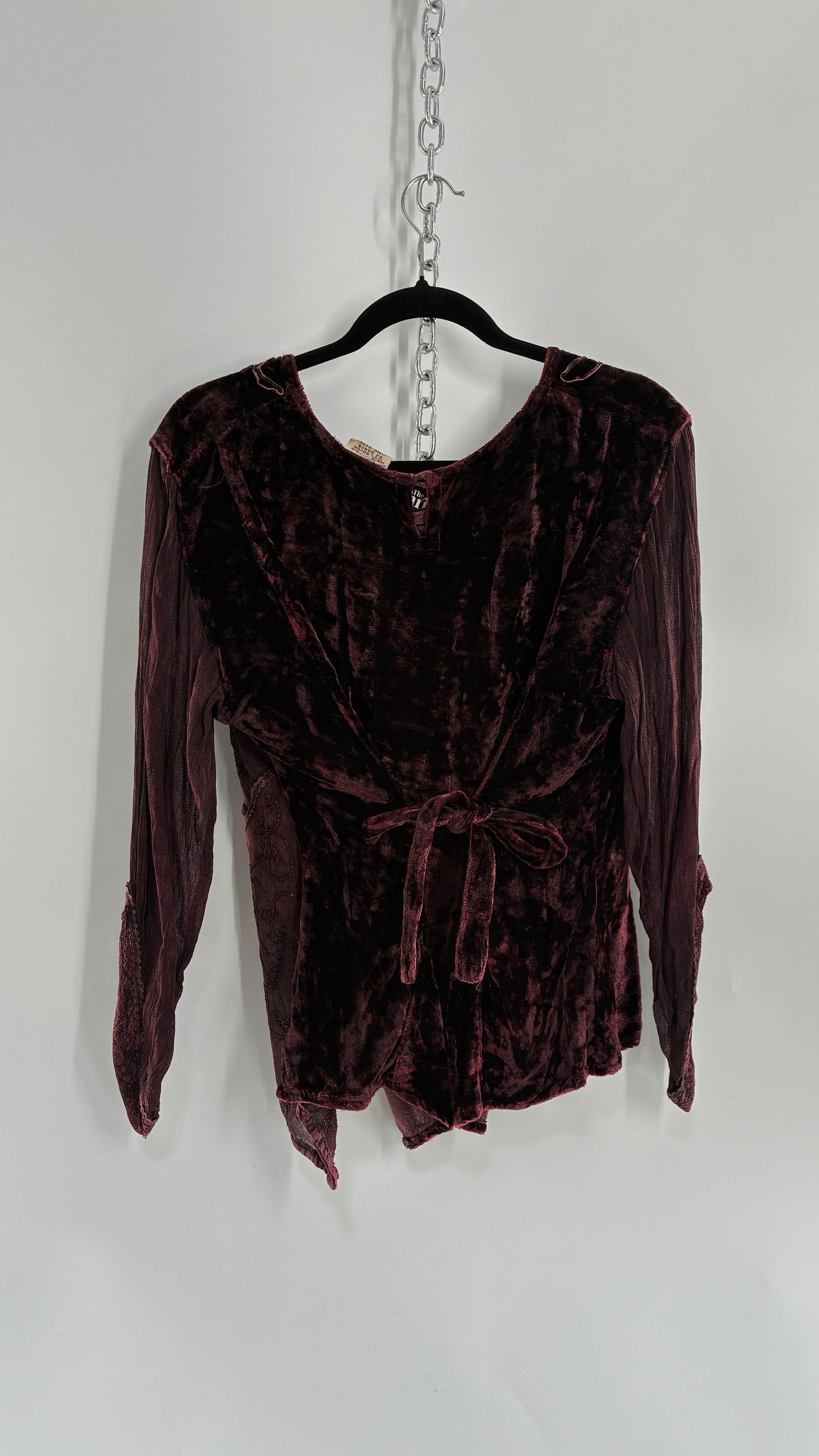 Vintage 1990s Burgundy Velvet Tie Back Blouse and Sheer Paneled Skirt (OS)