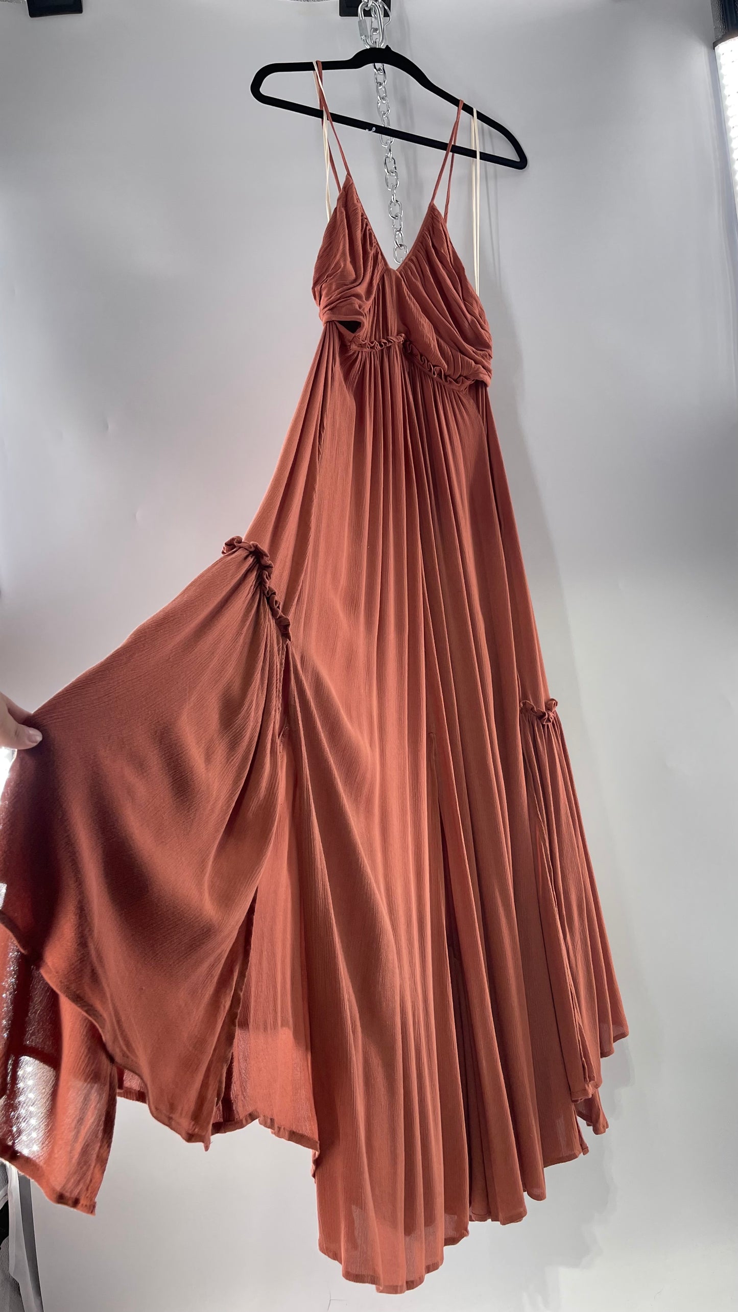 Free People Terracotta/Apricot Toned Voluminous Gown with Open Cut Out Sides and Low, Open Back (Large)