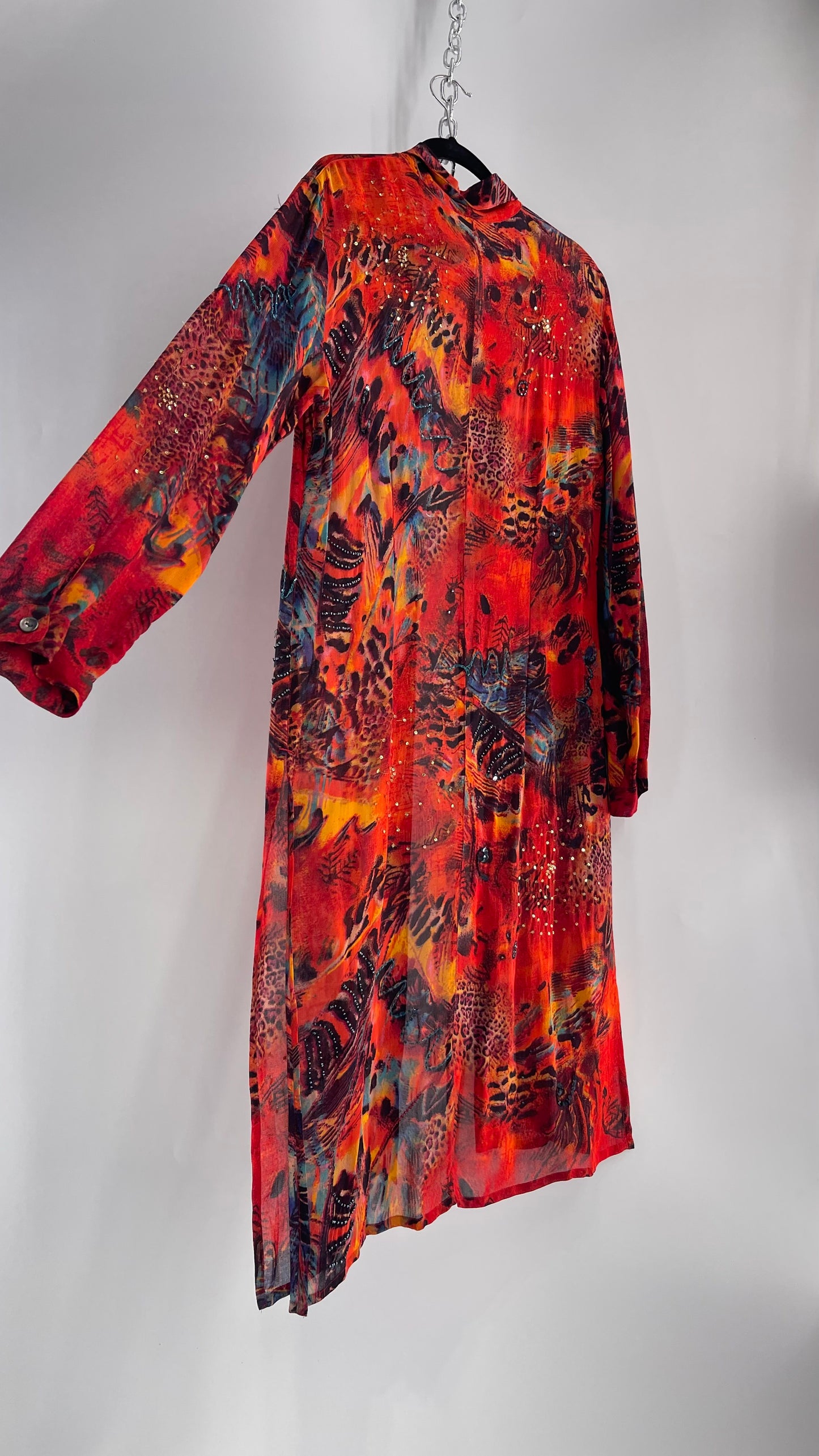 Vintage CHICOs Burnt Orange Sheer Duster Coat with Mixed Animal Print and Embroidery/Beading (XL)