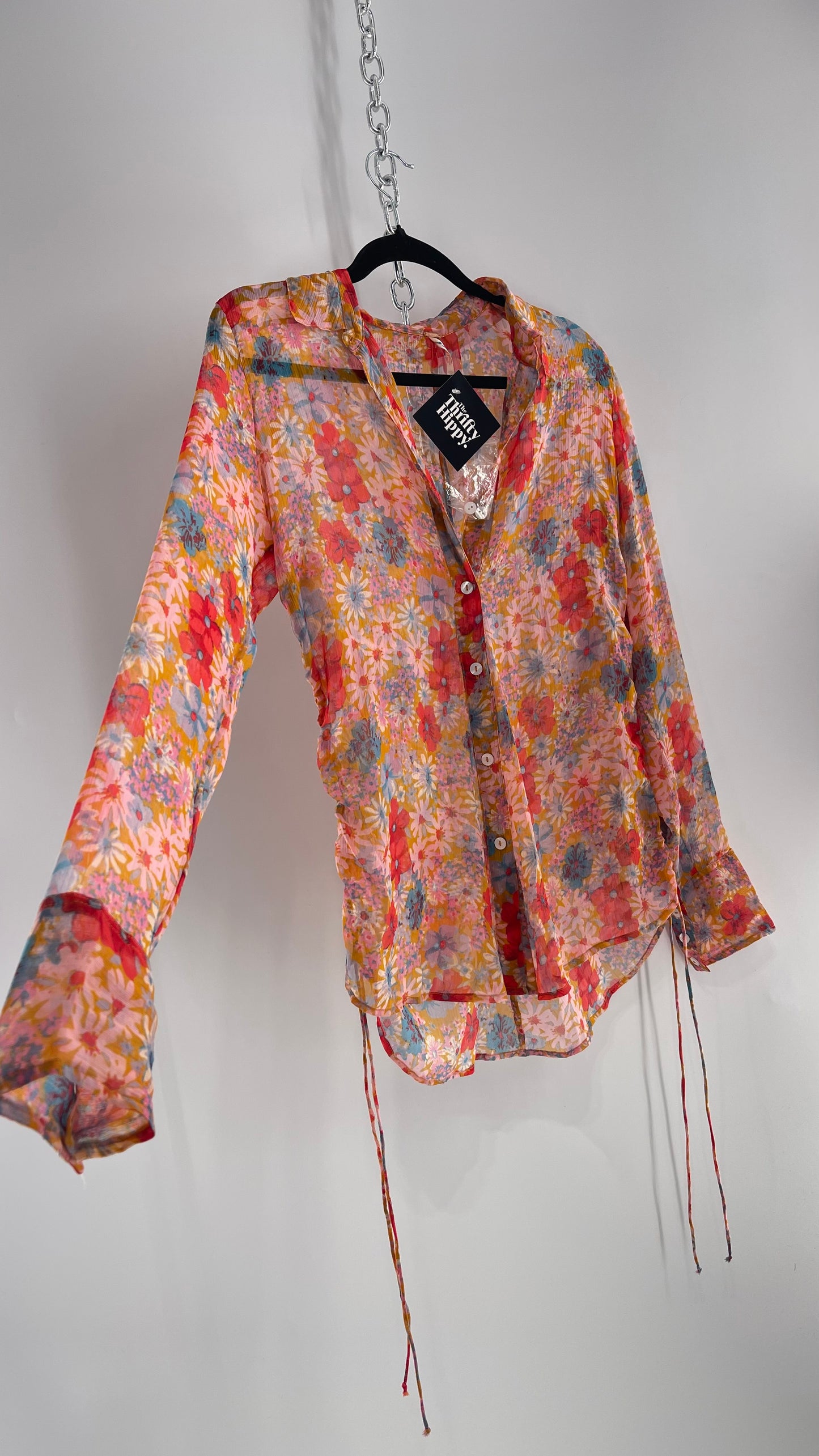 Free People Sheer Orange Floral Button Up with Ruched Sides (XS)