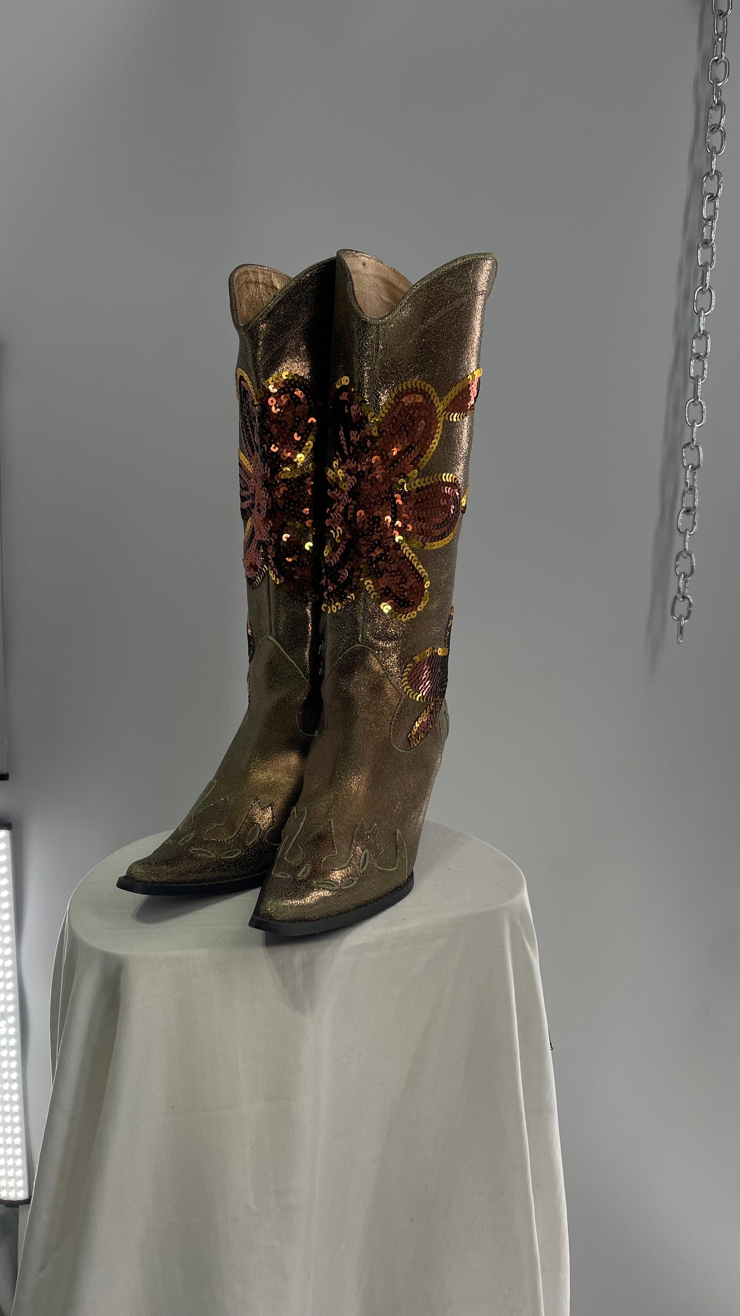 RARE Vintage Foot Candy Sage Green/Bronze Leather Cowboy Boots with Sequin Flowers and Flame Details (6.5)