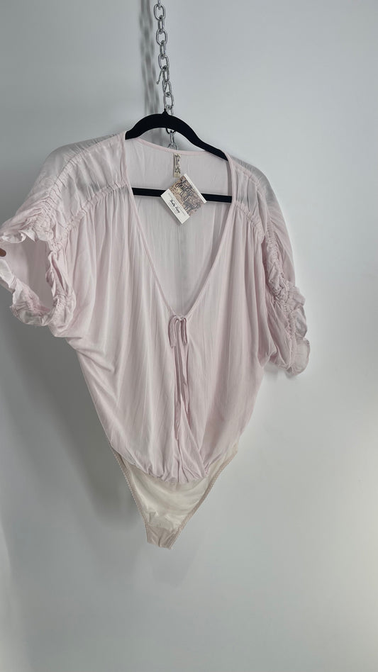 Intimately Free People Light Pink Bodysuit with Ruched Sleeve Detail (Small)