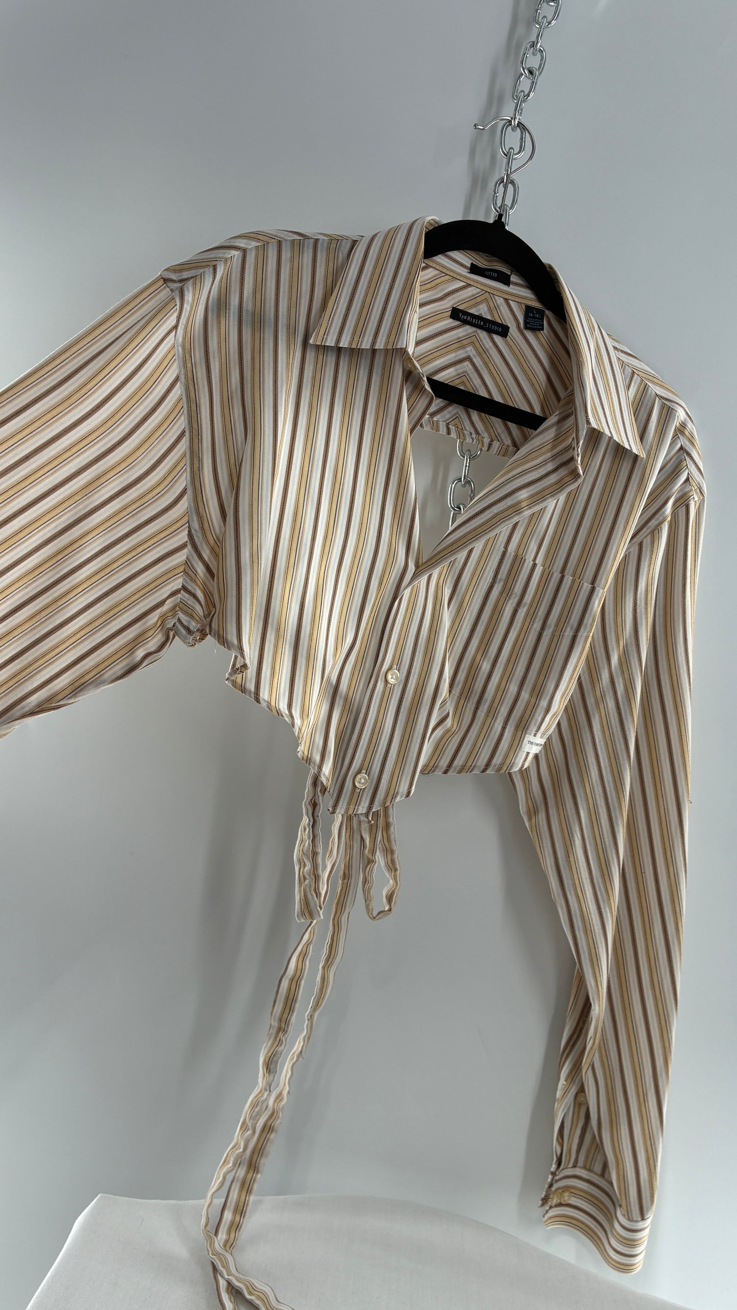 Vintage VAN HEUSEN Reworked Button Front Backless Mustard Yellow, Brown Striped Blouse (One Size)