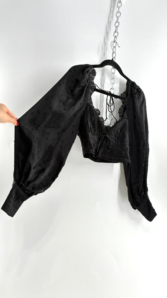 For Love & Lemons Liz Black Balloon Sleeve Ruched Bodice Blouse (XS)