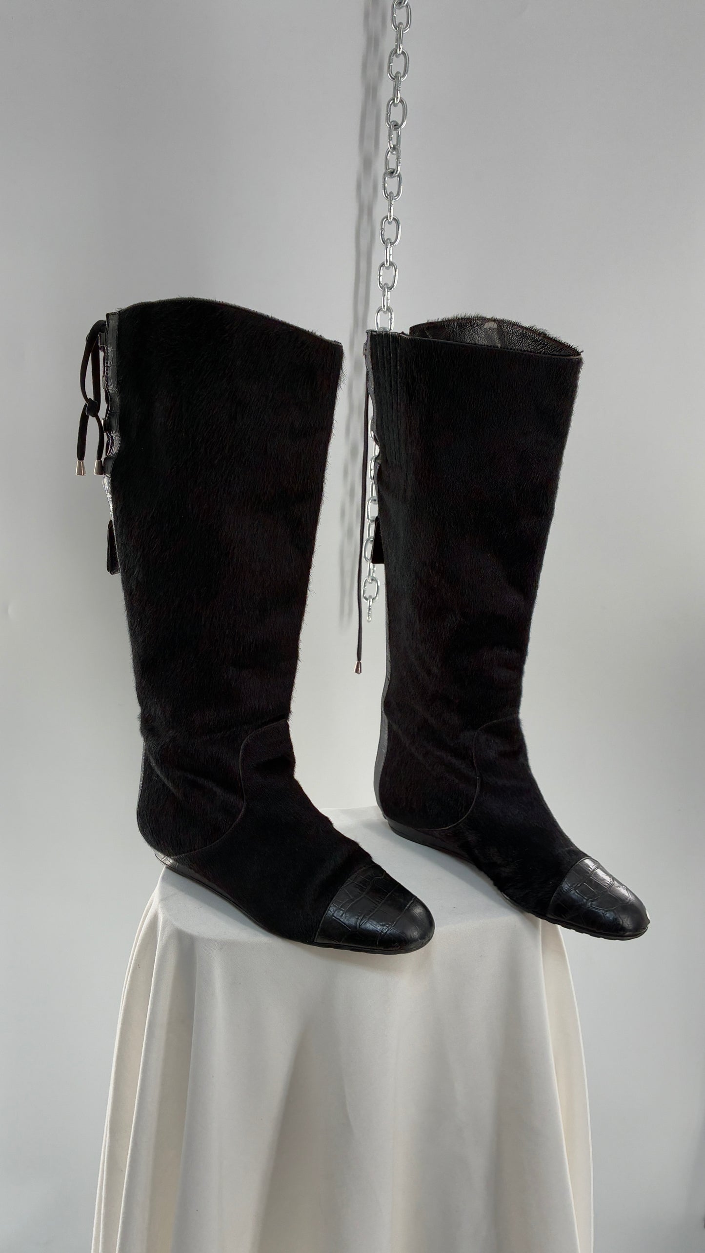 Vintage MIGLIORINI Black Genuine Calf Hair/Fur Boots with Heel, Made in Italy (7.5)