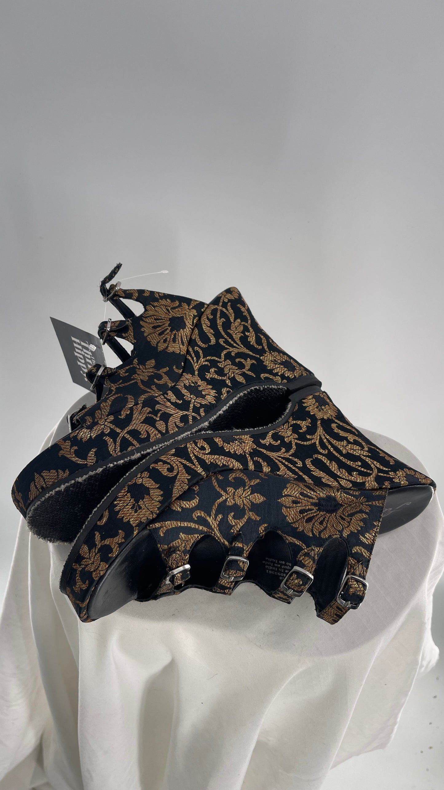 Free People Black Hoffman Buckle Front Wedge Heels with Satin Gold Paisley/Brocade Pattern (37)