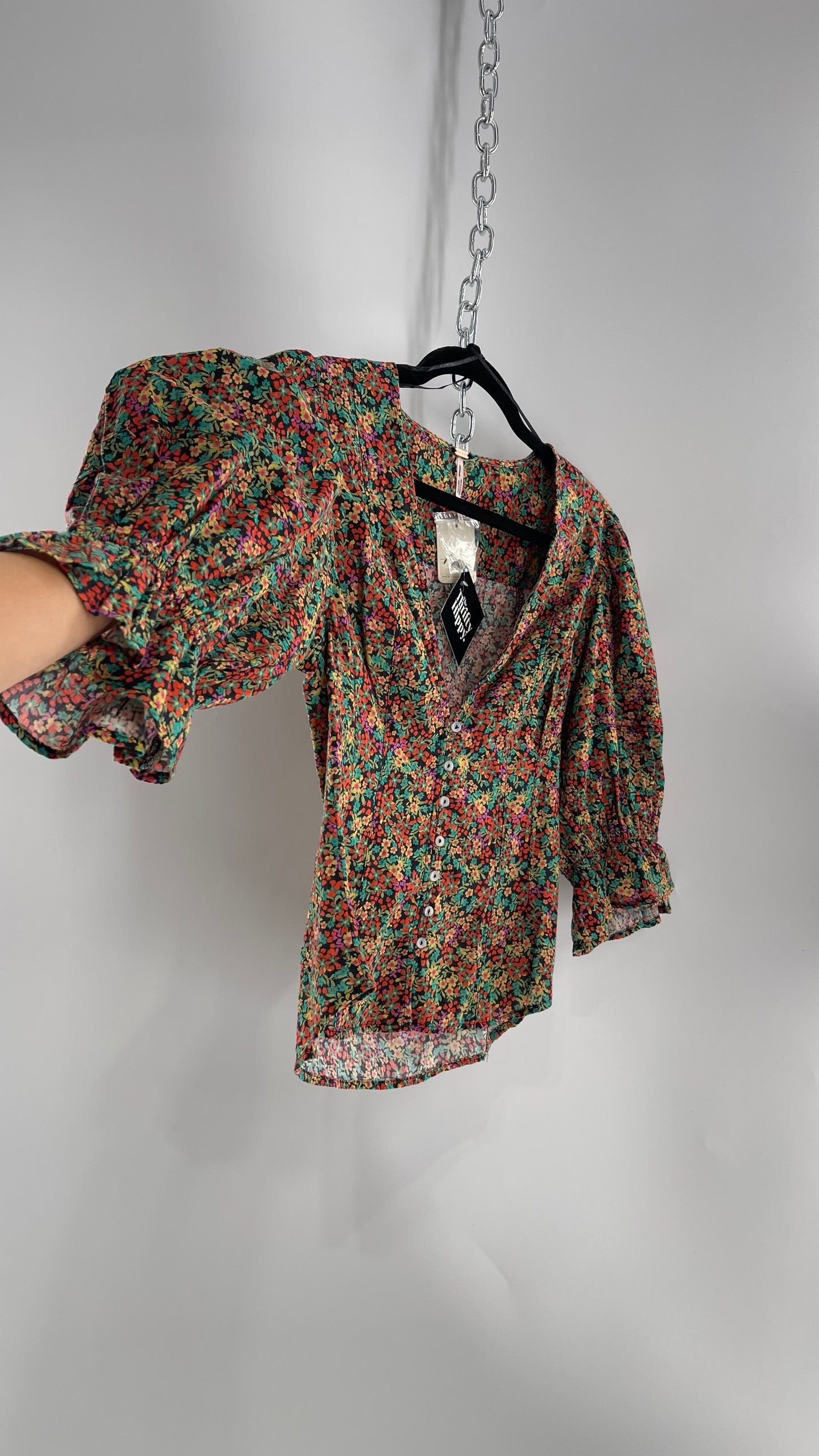 Free People 100% Cotton Colorful Florals Blouse with Deep V, Puff Sleeves, Button Front, and Tags Attached  (Small)