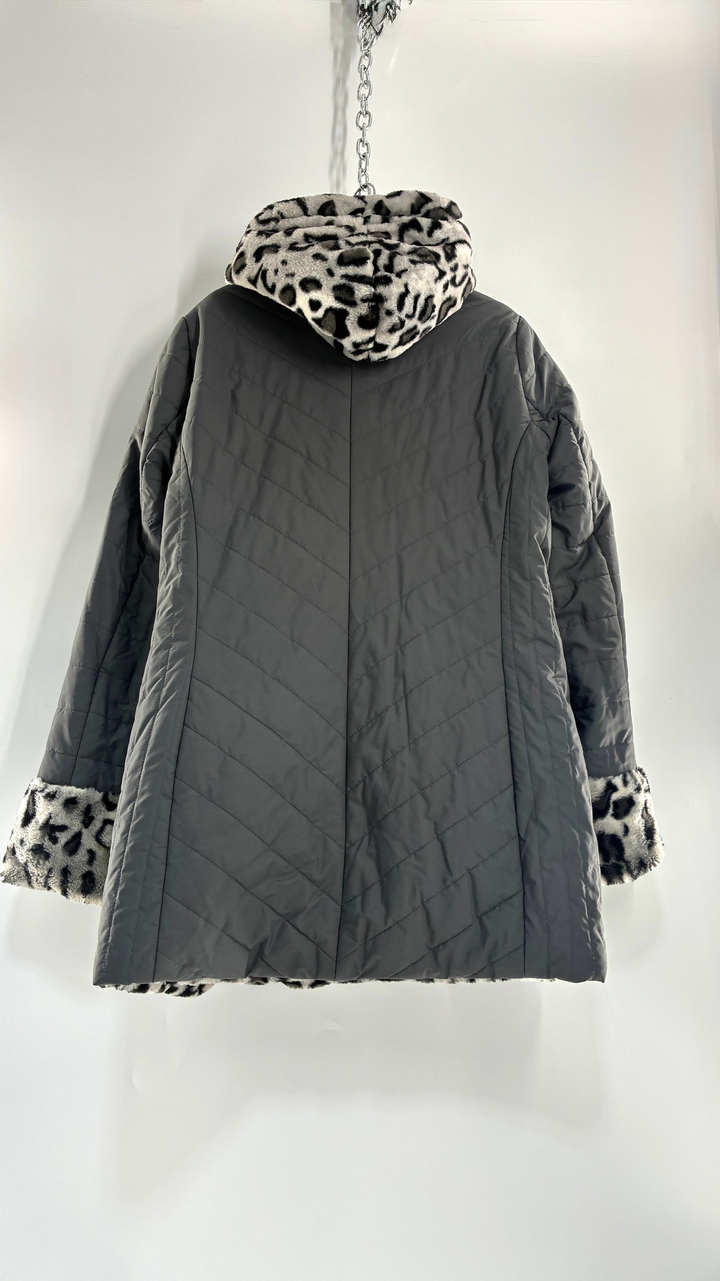Vintage DENNIS BASSO Reversible Leopard Fur and Quilted, Hooded Coat (Large)