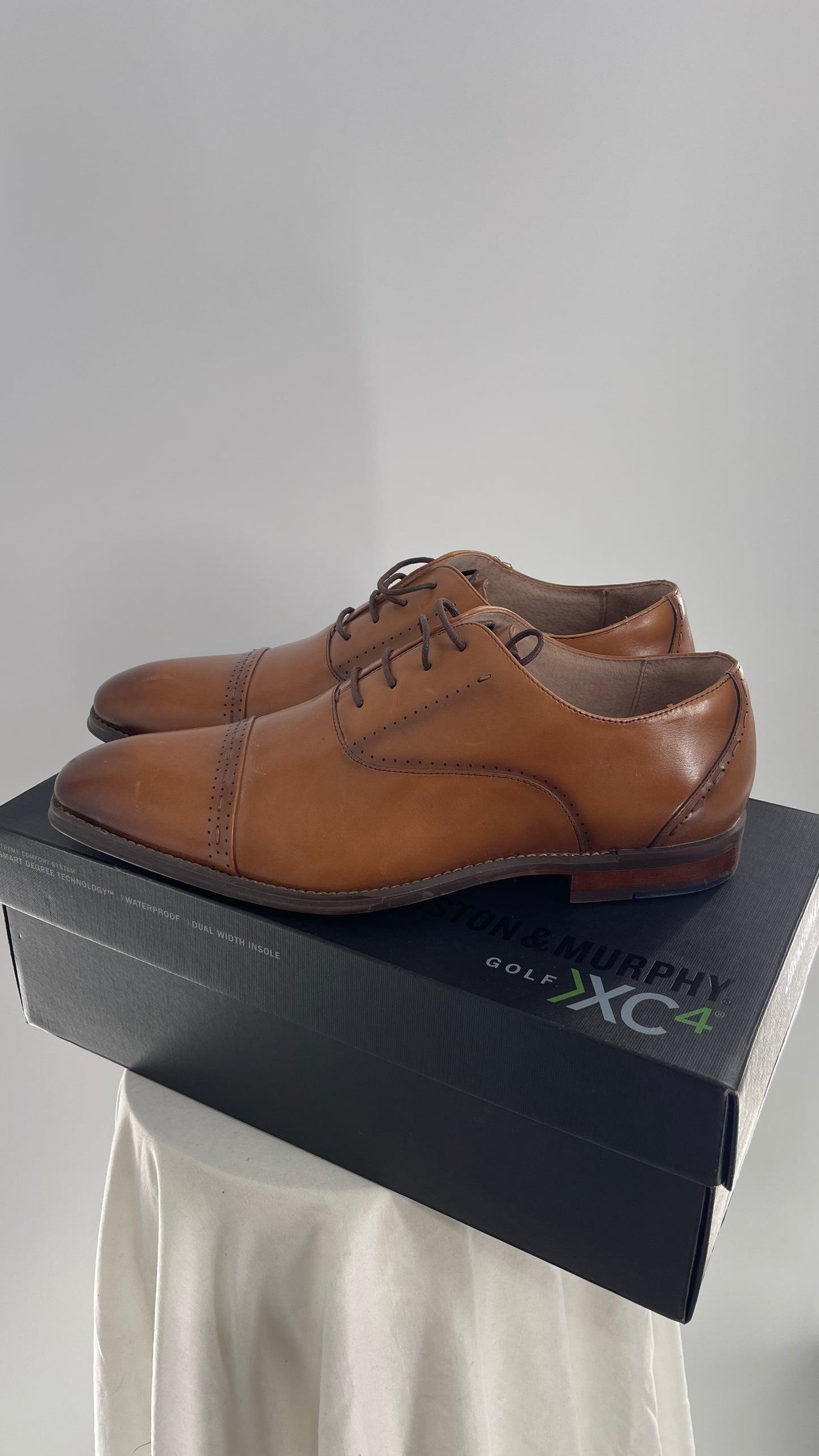 STACY ADAMS Cognac Camel Brown Leather Captoe Oxfords (12)