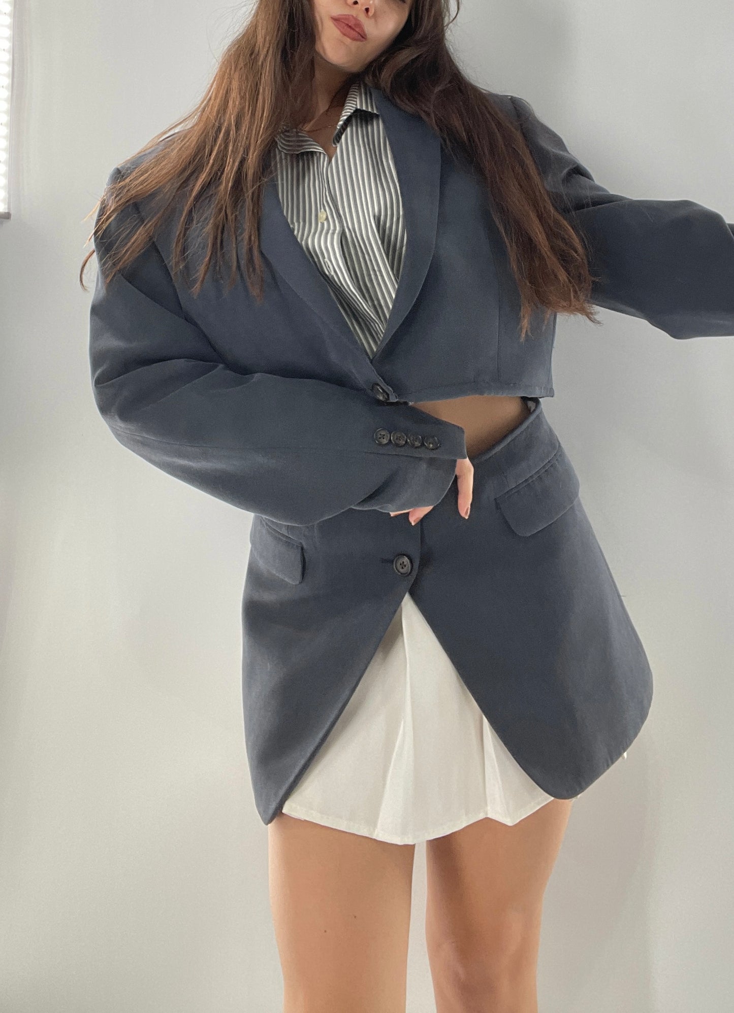 CUSTOM Handmade 2pc Suit Set Gray/Blue with Open Corset Back Skirt and Cropped Jacket (One Size)