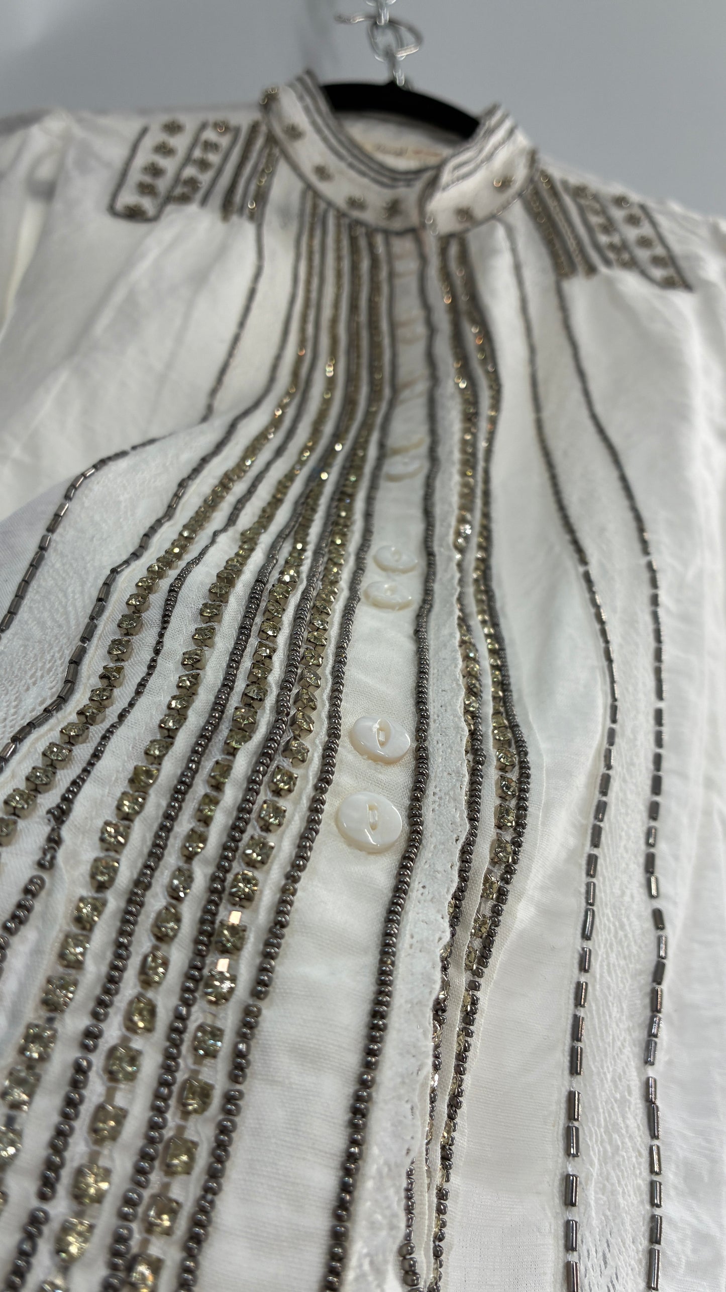 Anthropologie FLOREAT Linen Cotton White Button Up with Lace and Rhinestone Details (4P)