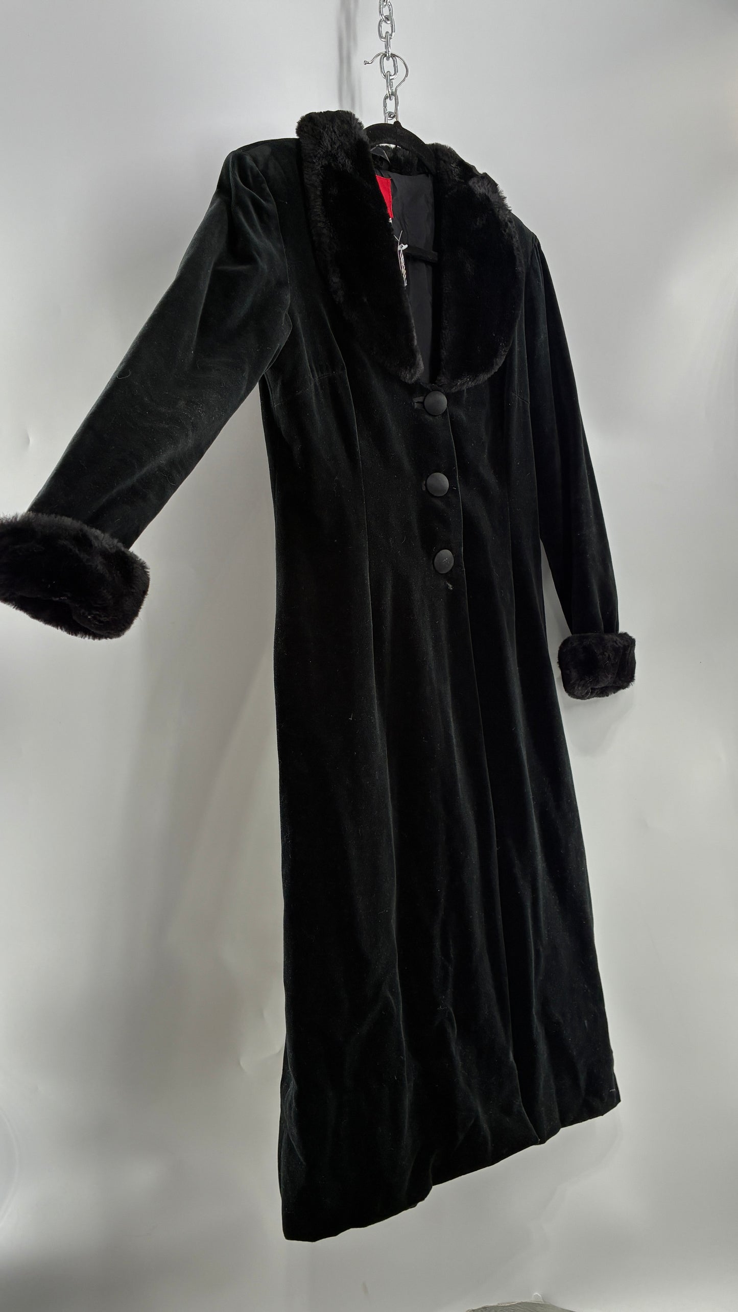 Vintage JS Collection Velour Duster Coat with Deep Neckline, Vegan Fur Collar and Cuffs (Large)