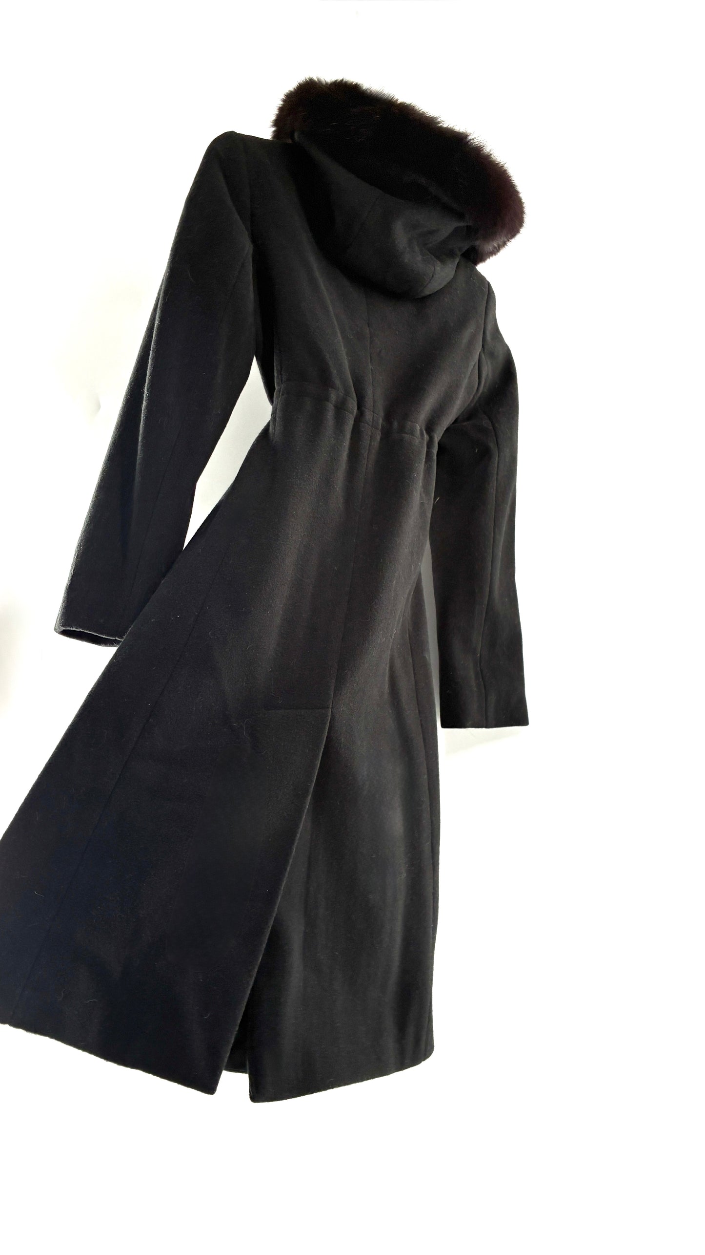 Vintage STEVE by SEARLE Cashmere Blend Coat with Underbust Tie and Fur Hood