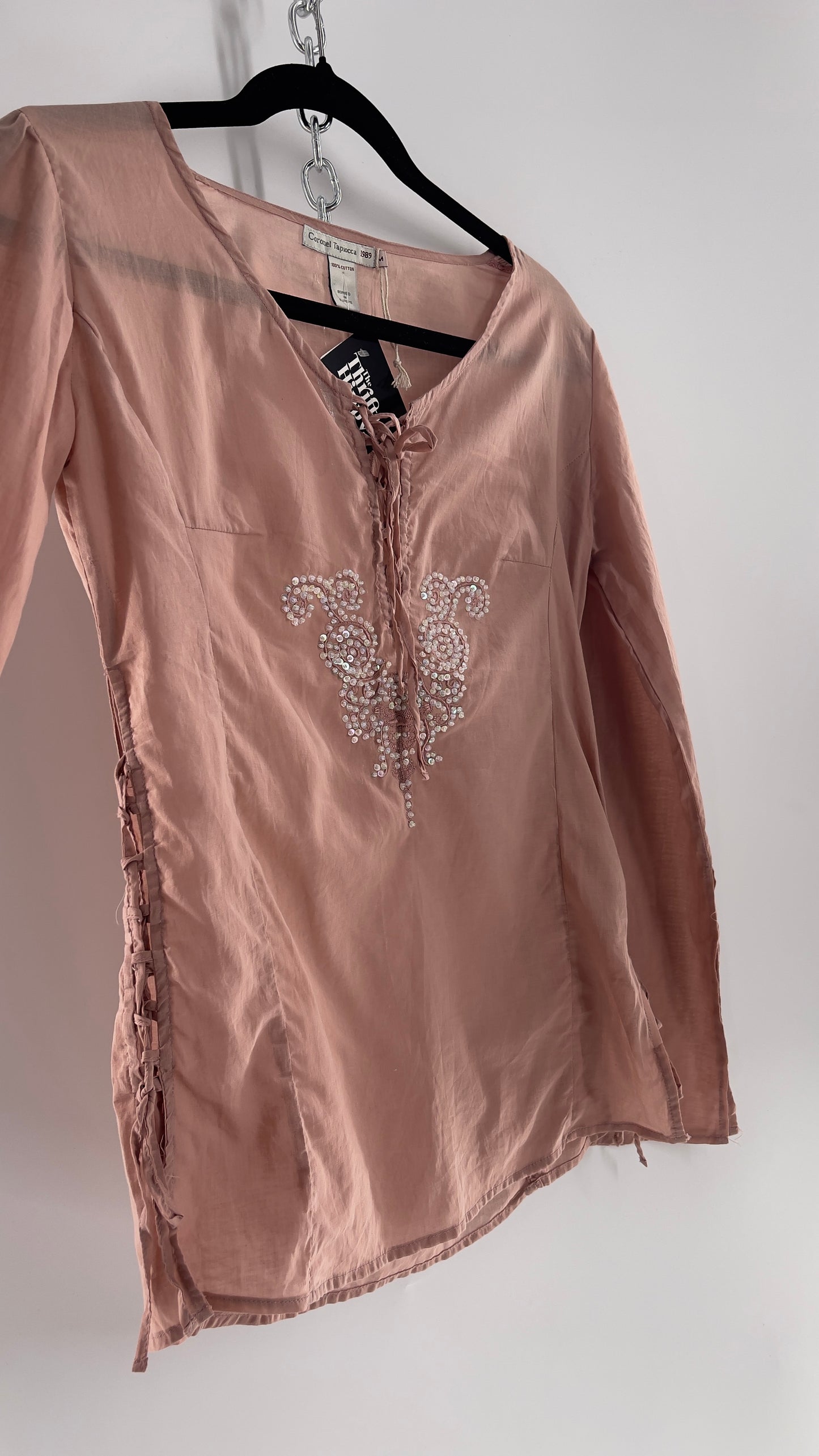 Vintage Coronel Tapioca Dusty Pink Tunic with Beaded Designs and Lace Up Sides (Medium)