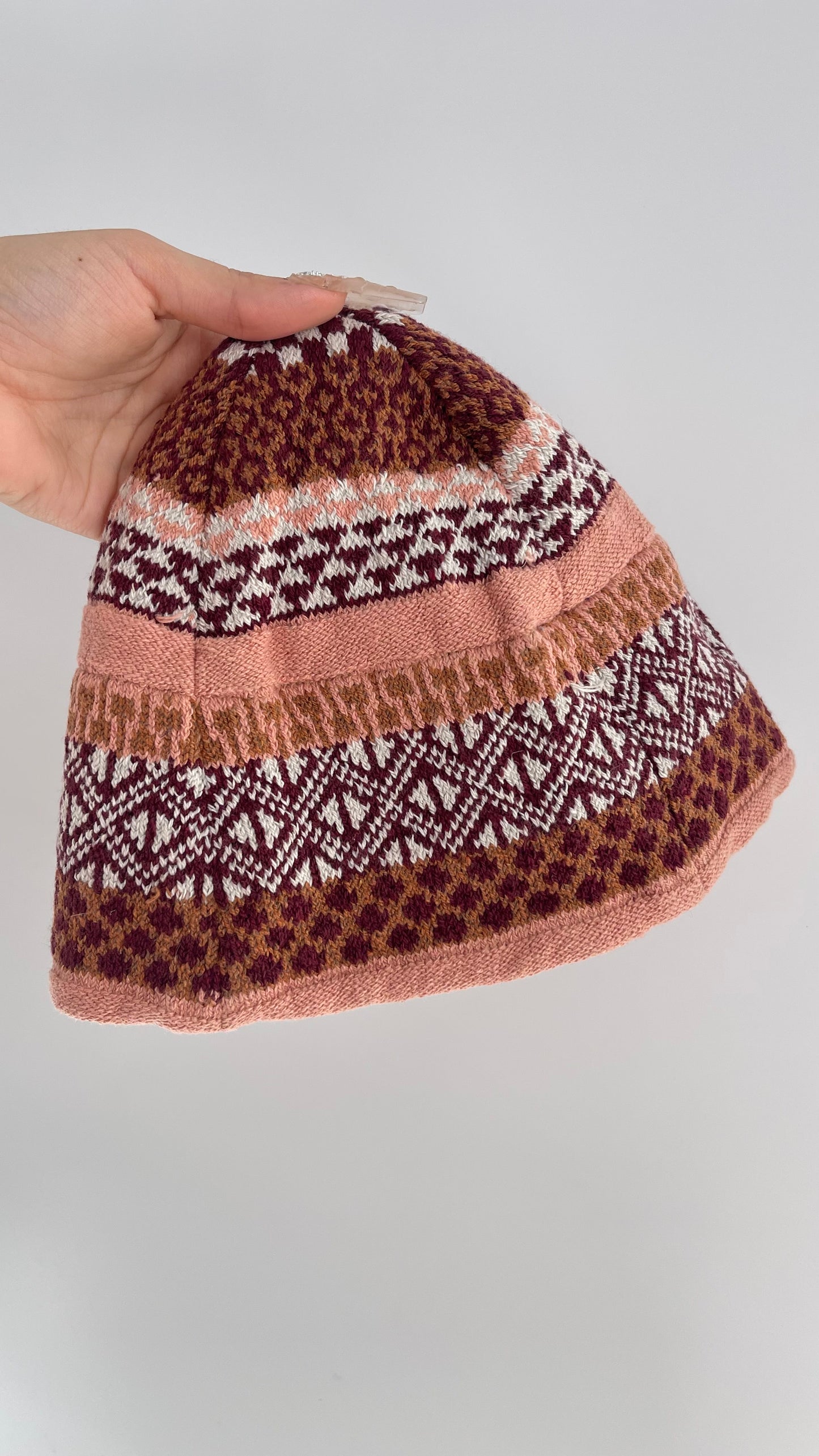 Anthropologie Pink/Burgundy Knit Patterned Beanie