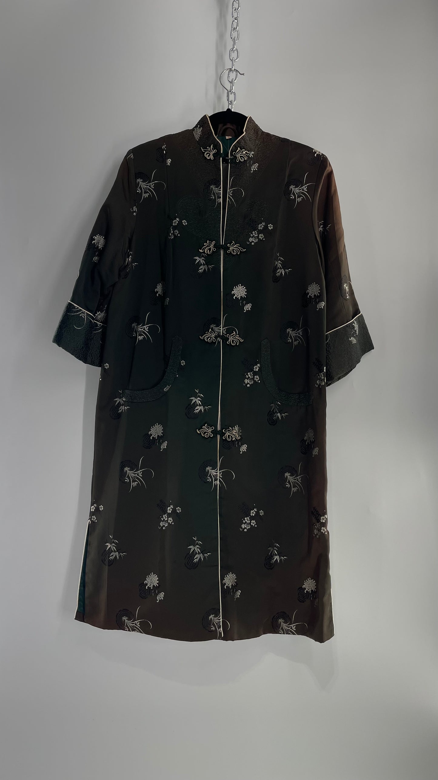 Vintage Hong Kong, Hand Made, Dark Green Silk Kimono Coat/Smoking Jacket (38)