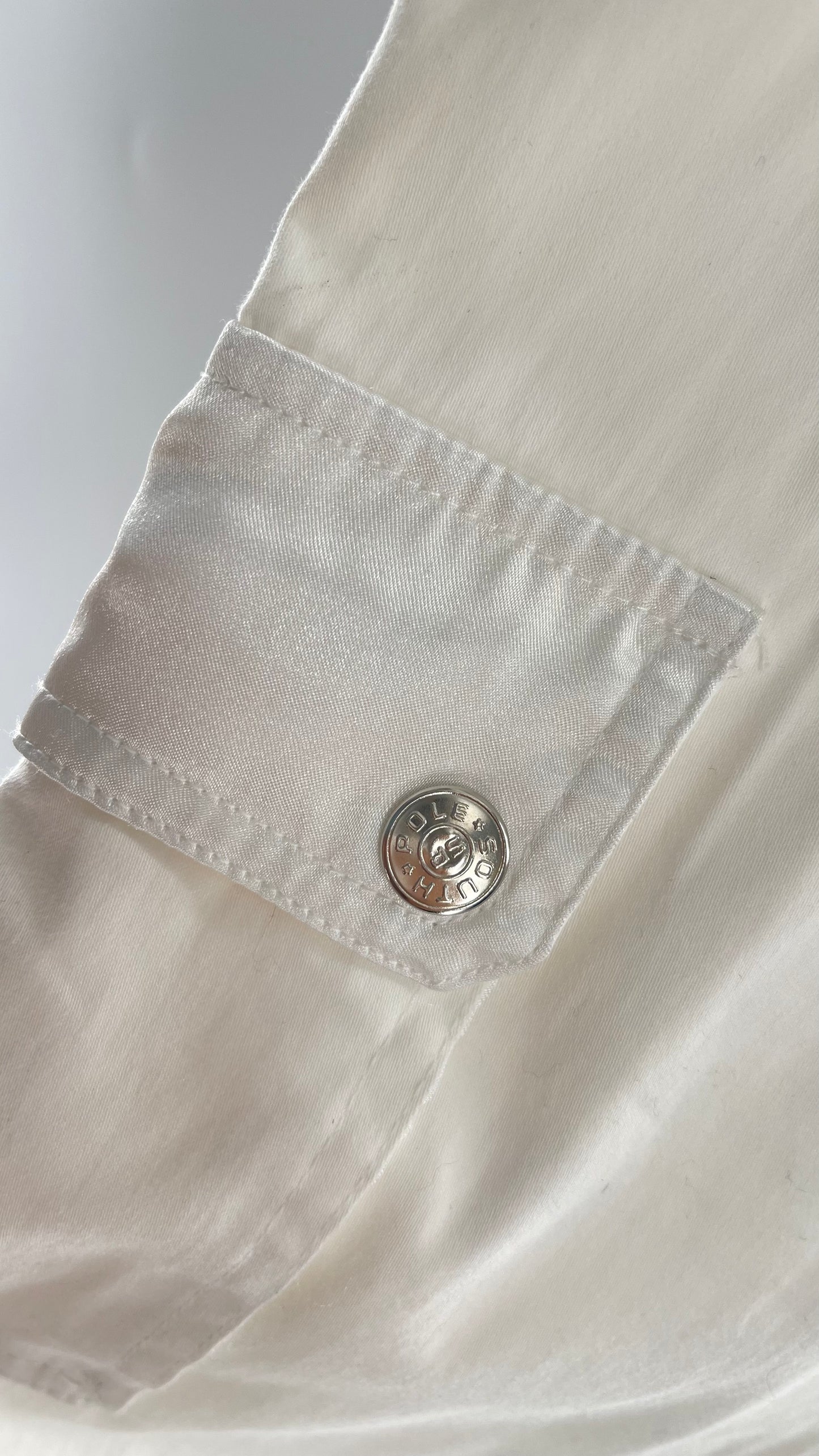 Vintage 1990s South Pole White Capri with Zippers, Silver Hardware, Satin Detailing and Patches (9)