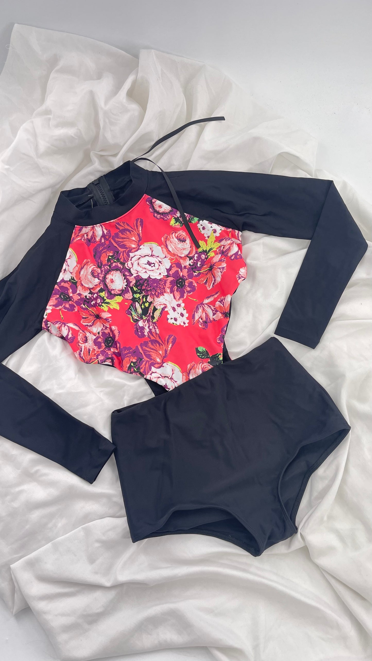 BEACH RIOT x Free People Black Long Sleeve Swimsuit with Hot Pink Floral Torso and Cut Outs (XS)