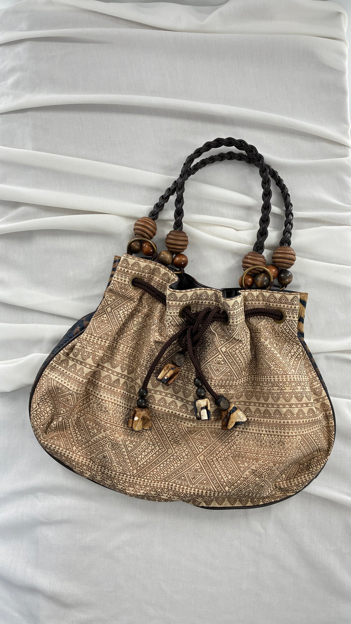 Vintage Oversized Animal Print Slouchy Bag with Braided Leather Strap and Beaded Details