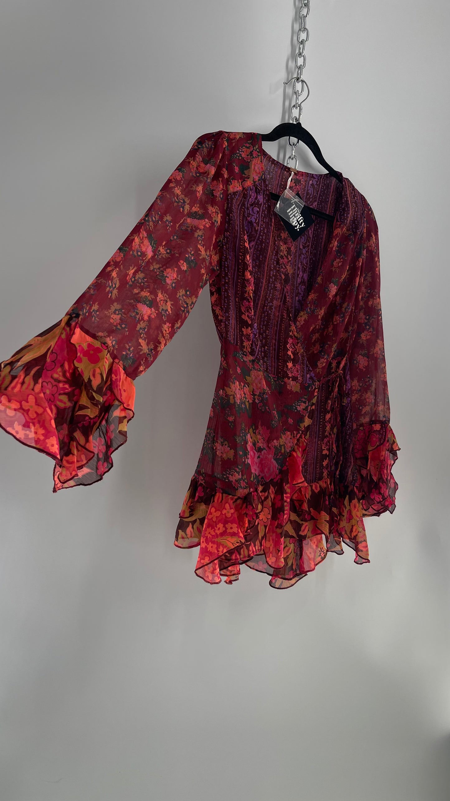 Free People Maroon/Burgundy Red Floral Tie Front Blouse with Ruffled Sleeves and Hem (Small)