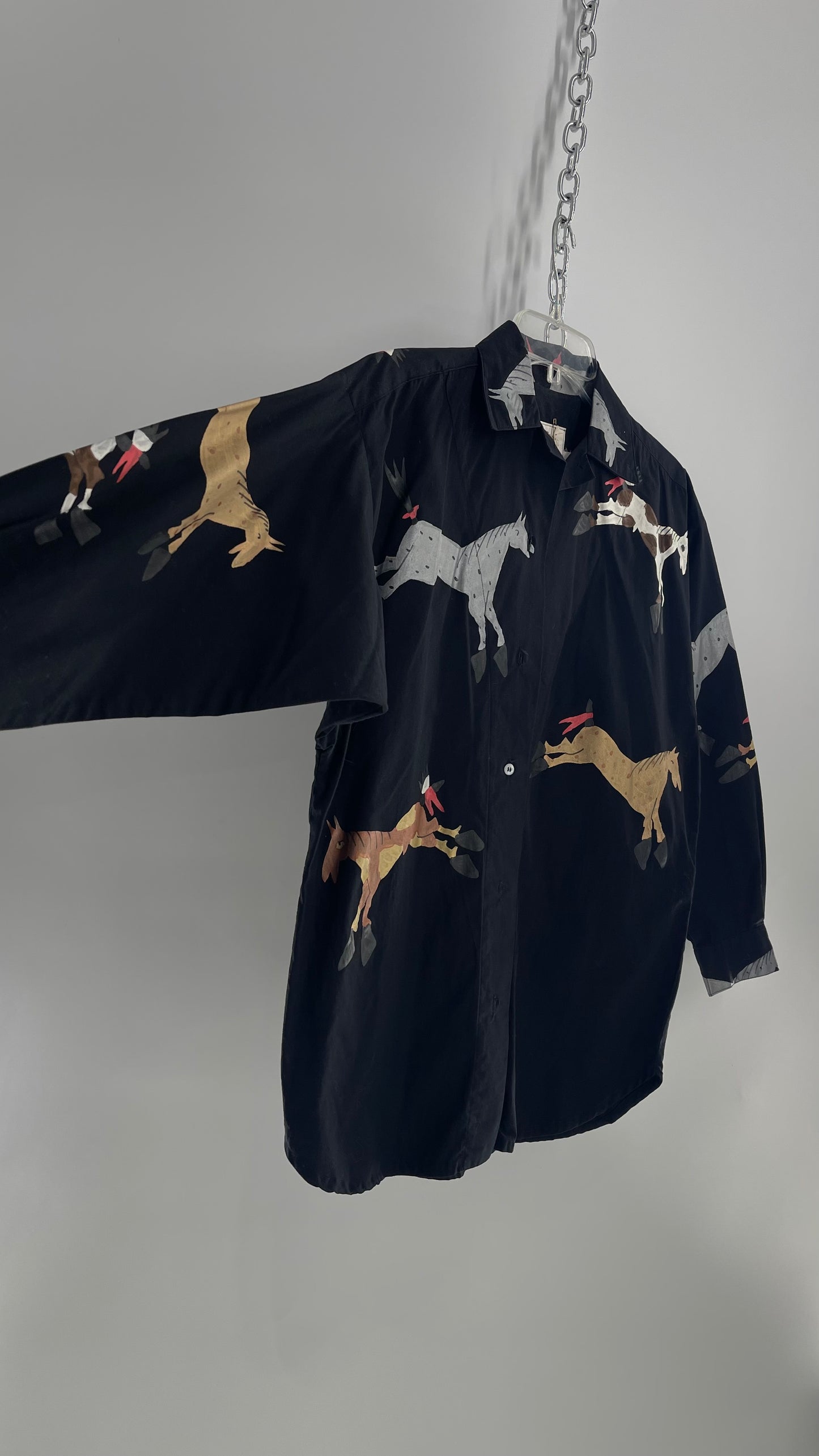 WHERE ITAT Black Button Up with Hand Painted Horses 100% Pima Cotton with Tags Attached (Small)