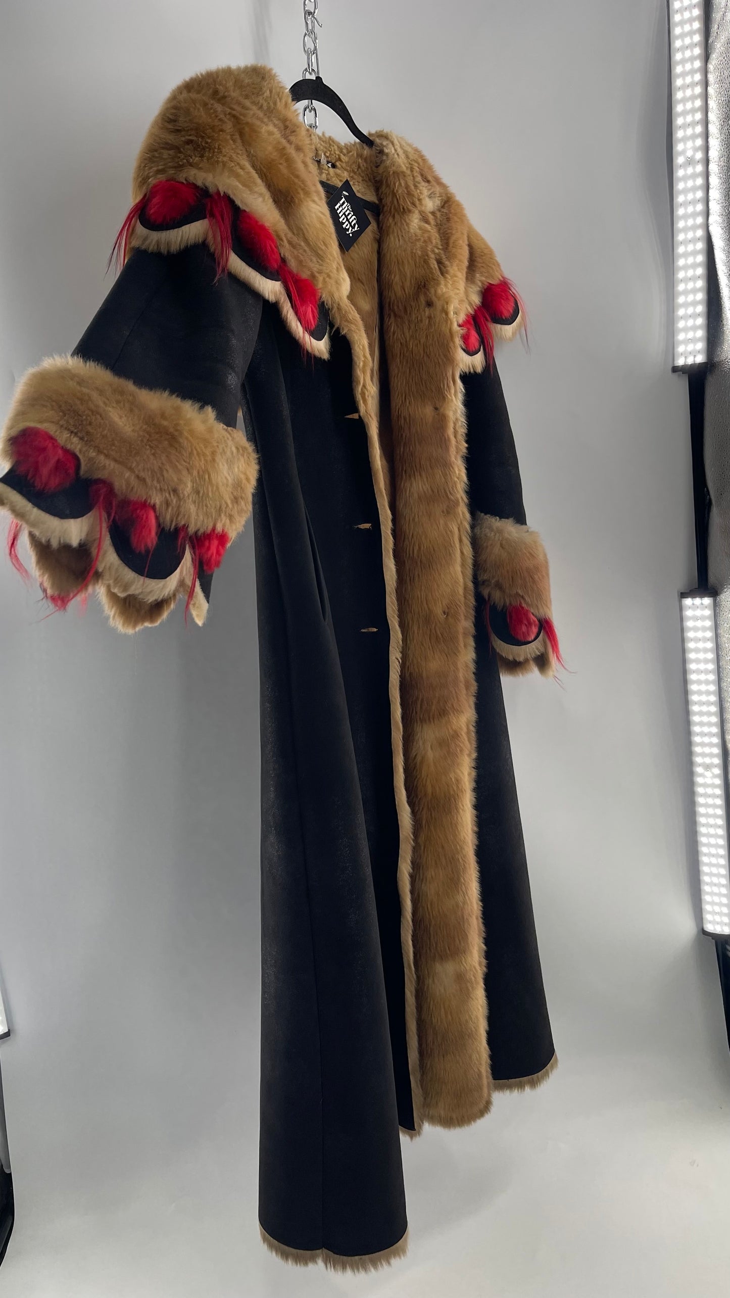 Vintage Russian Black Coat with Brown Fur Piping/Lining, Red Feathers, Scalloped Sleeve, and Hood (Medium)