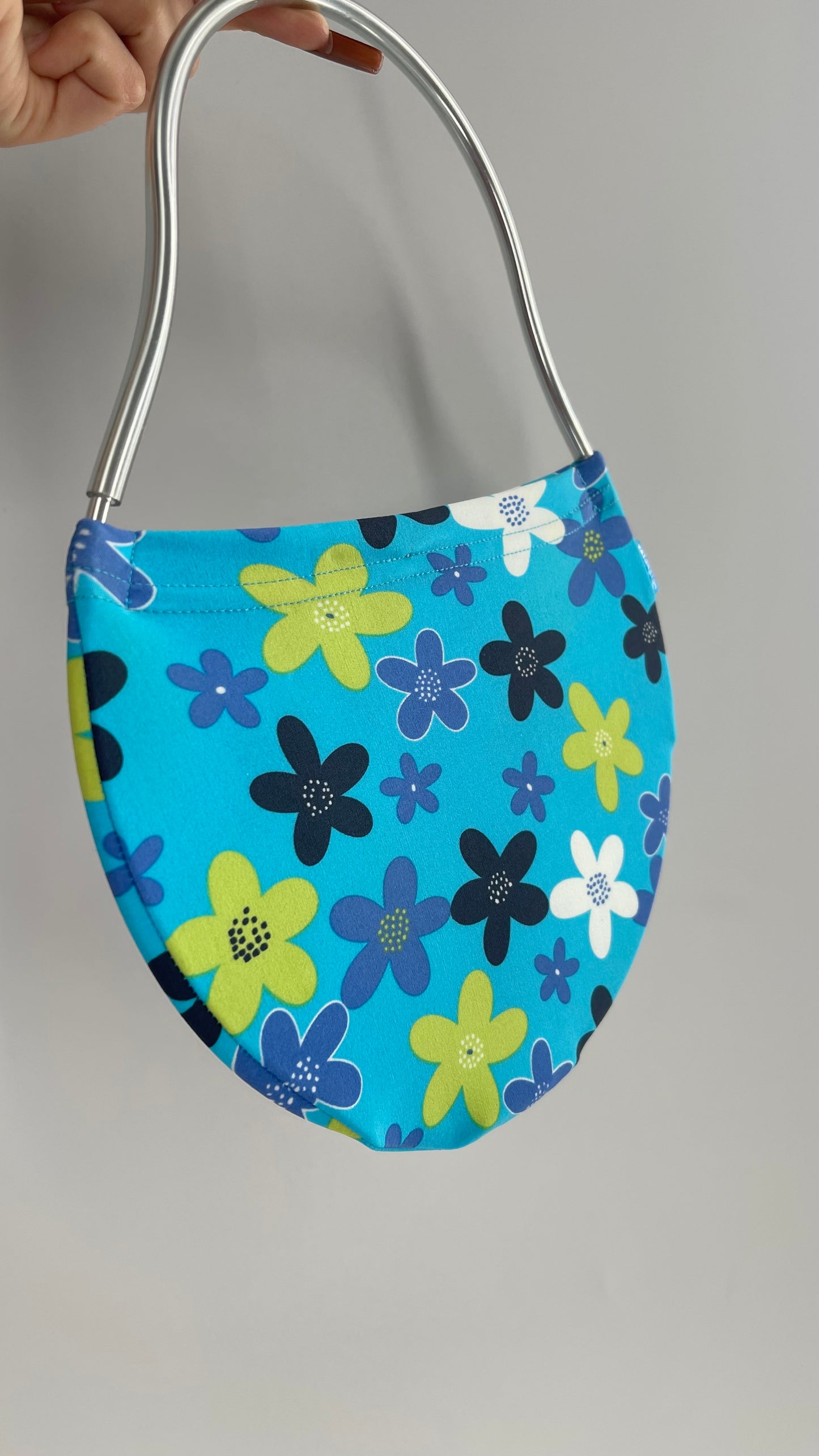 Vintage VALDESIGN Half Circle Blue Floral 2D Hand Bag with Metal Abstract Handbag