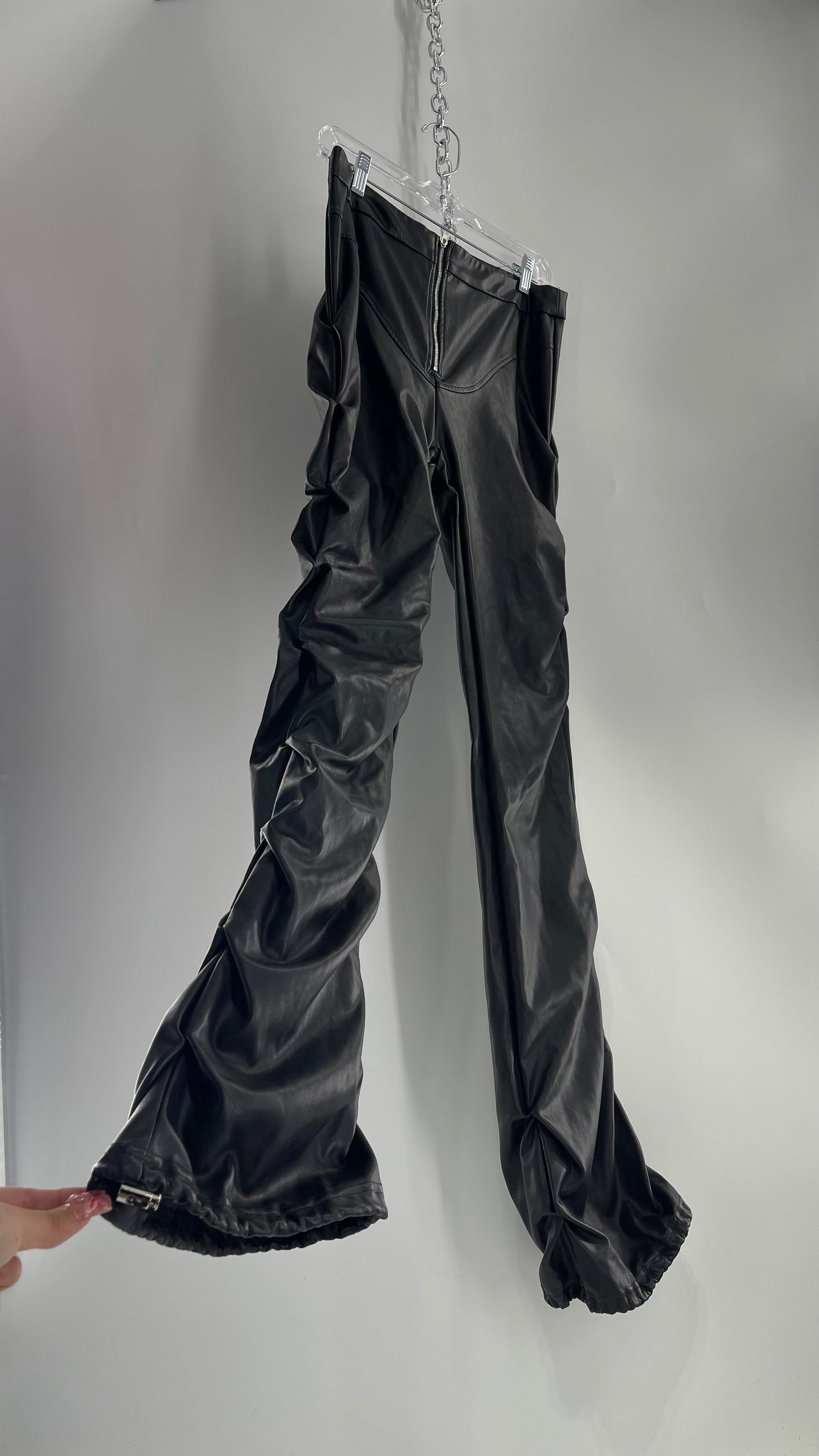 Vintage Black Faux Leather Stacked Flared Pant (29)