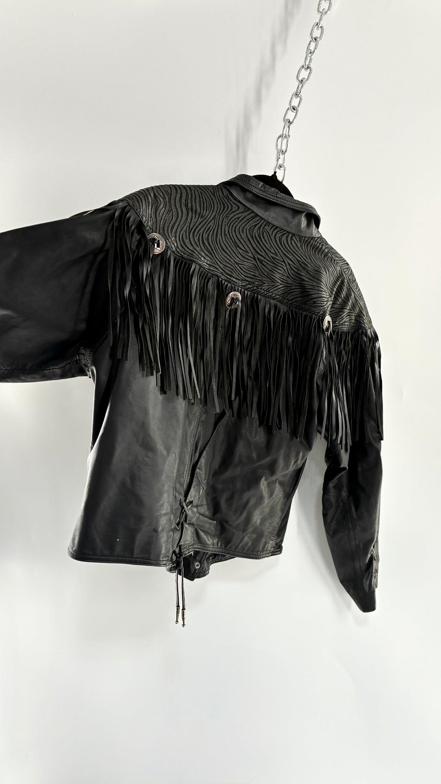 Vintage BERMAN’S Black Genuine Leather Fringe Motorcycle Jacket with Tie Up Cuffs (Large)