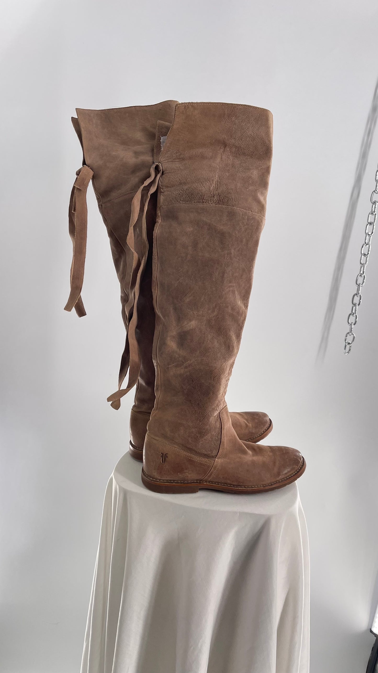 Frye Taupe Leather Over the Knee Fold Over Celia Boots (8)