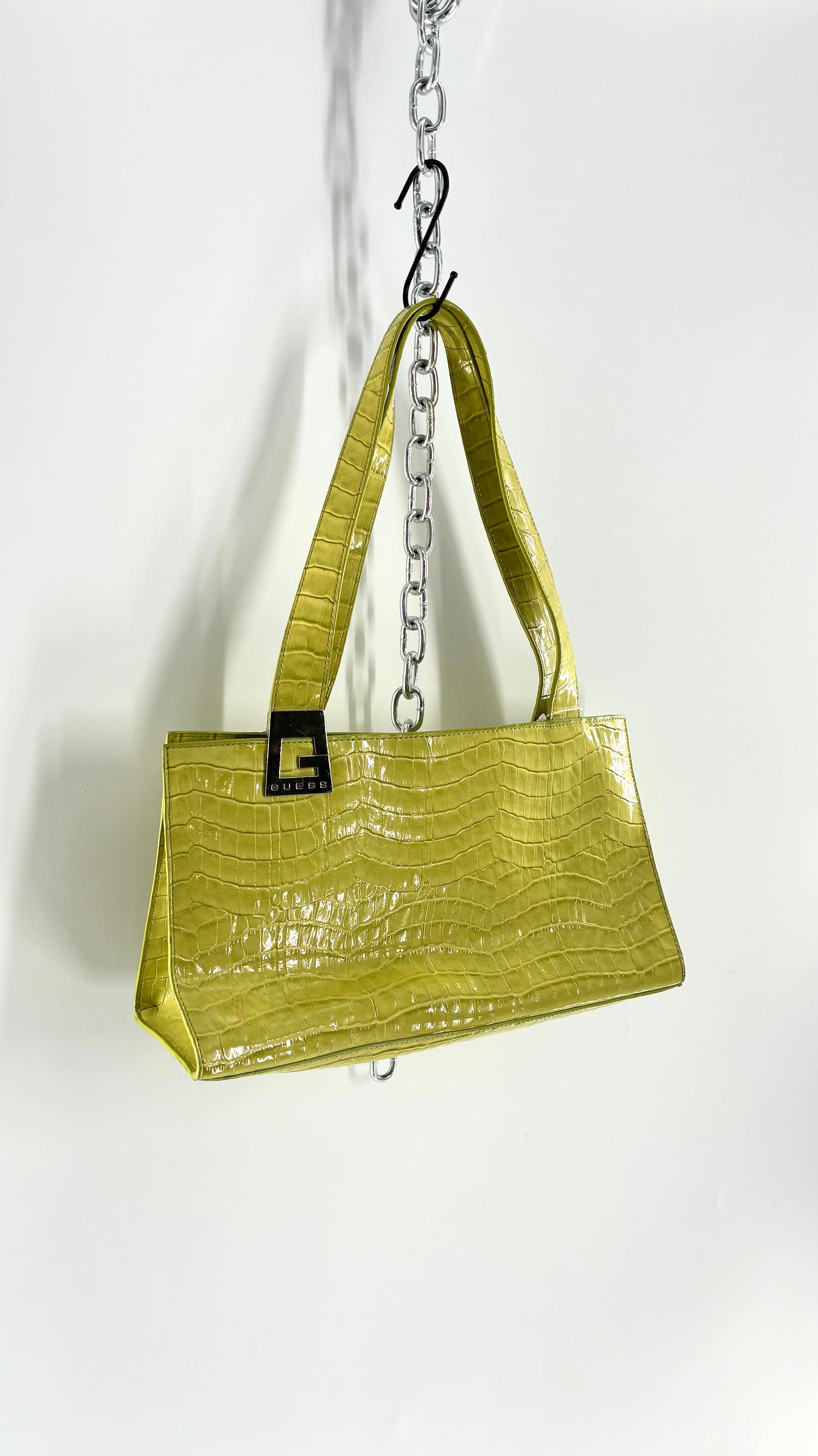 Vintage 1990s GUESS Lime Green Shoulder Purse with Metal Logo Buckle