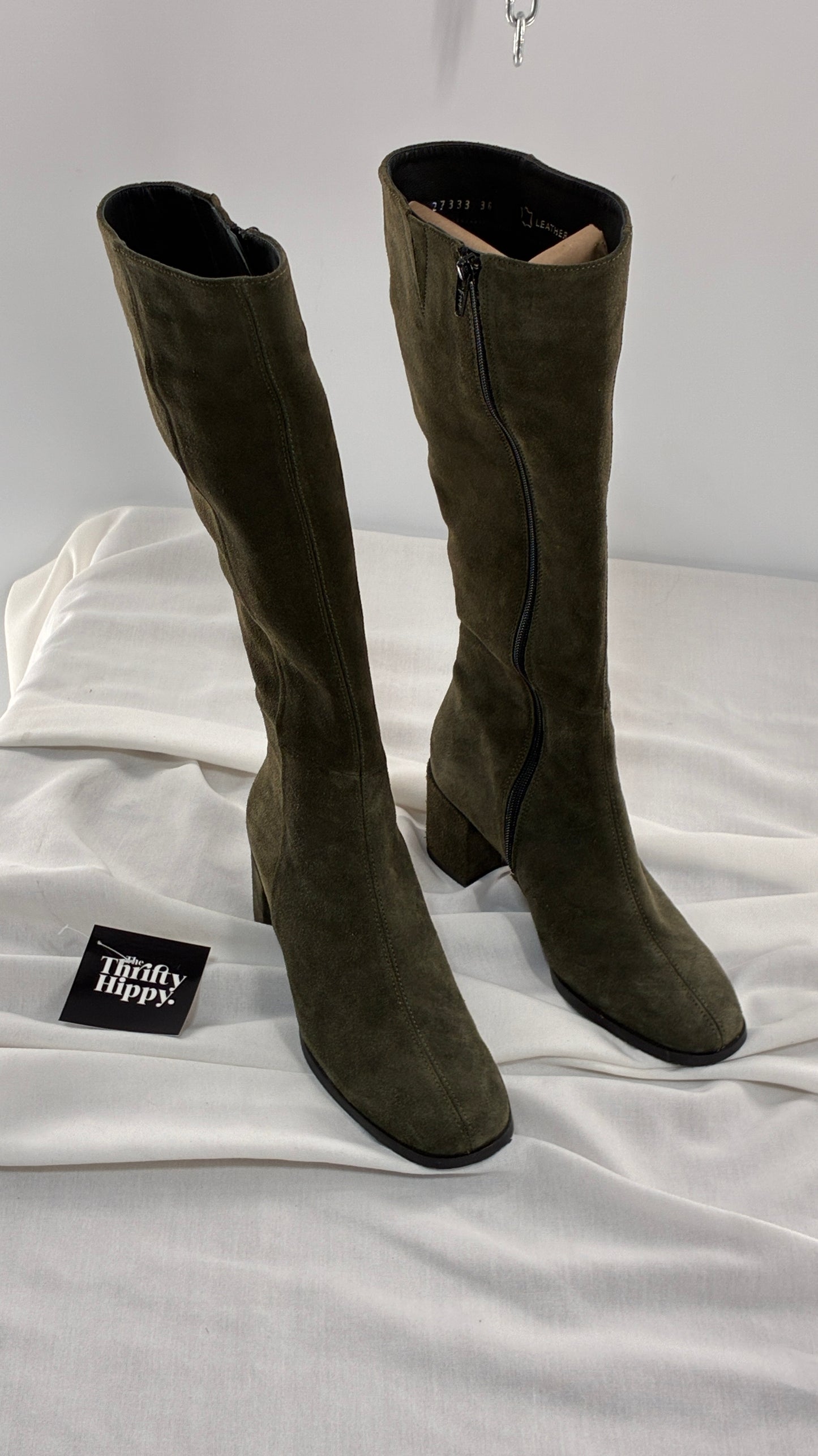 Vintage ERIC MICHAEL Olive Green Suede Boots Square Toe Knee High Boots (36)