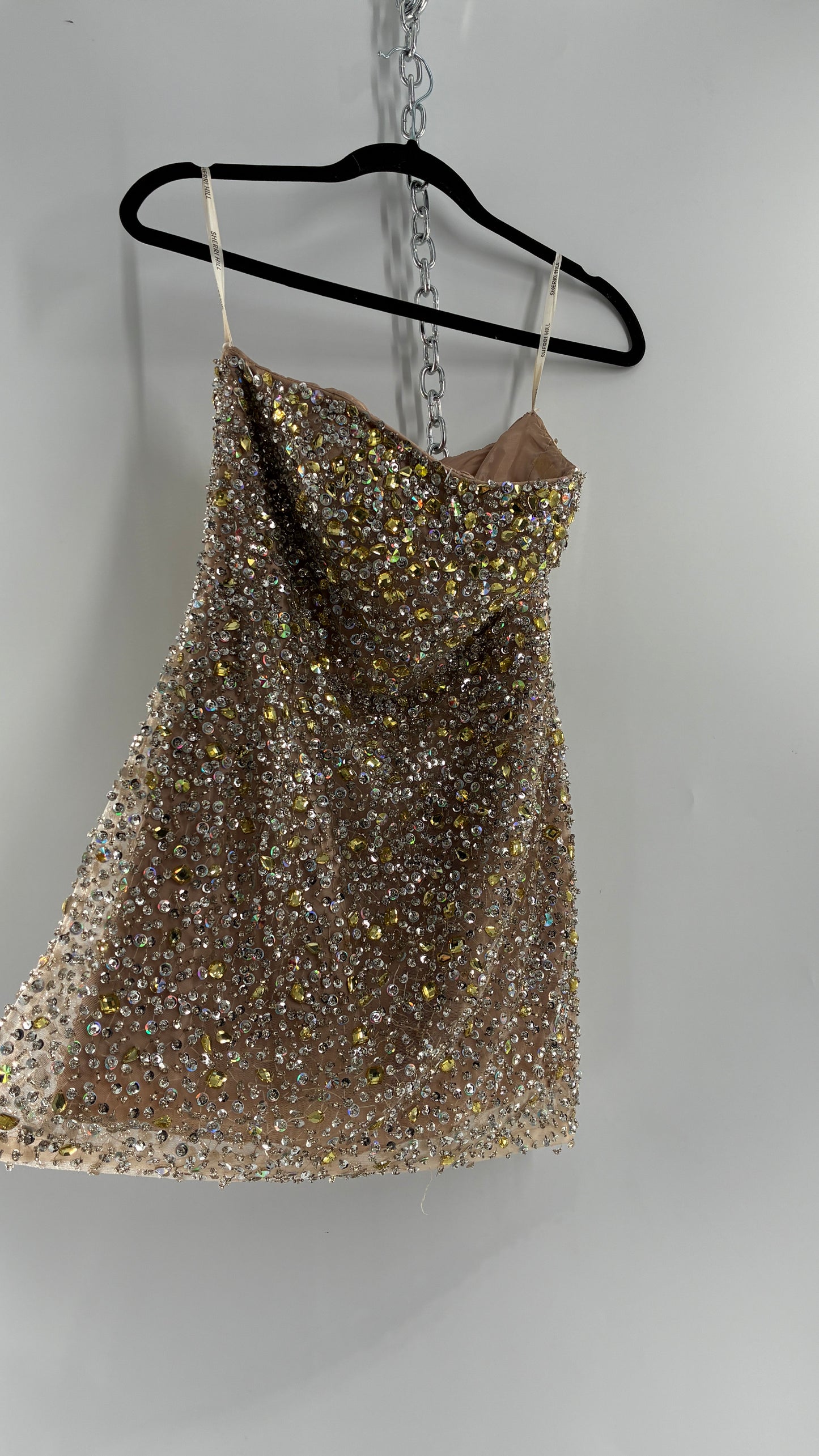 Vintage SHERRI HILL Nude Tan Underlay Mini Dress, Full Bedazzled and Covered in Beads  (6)